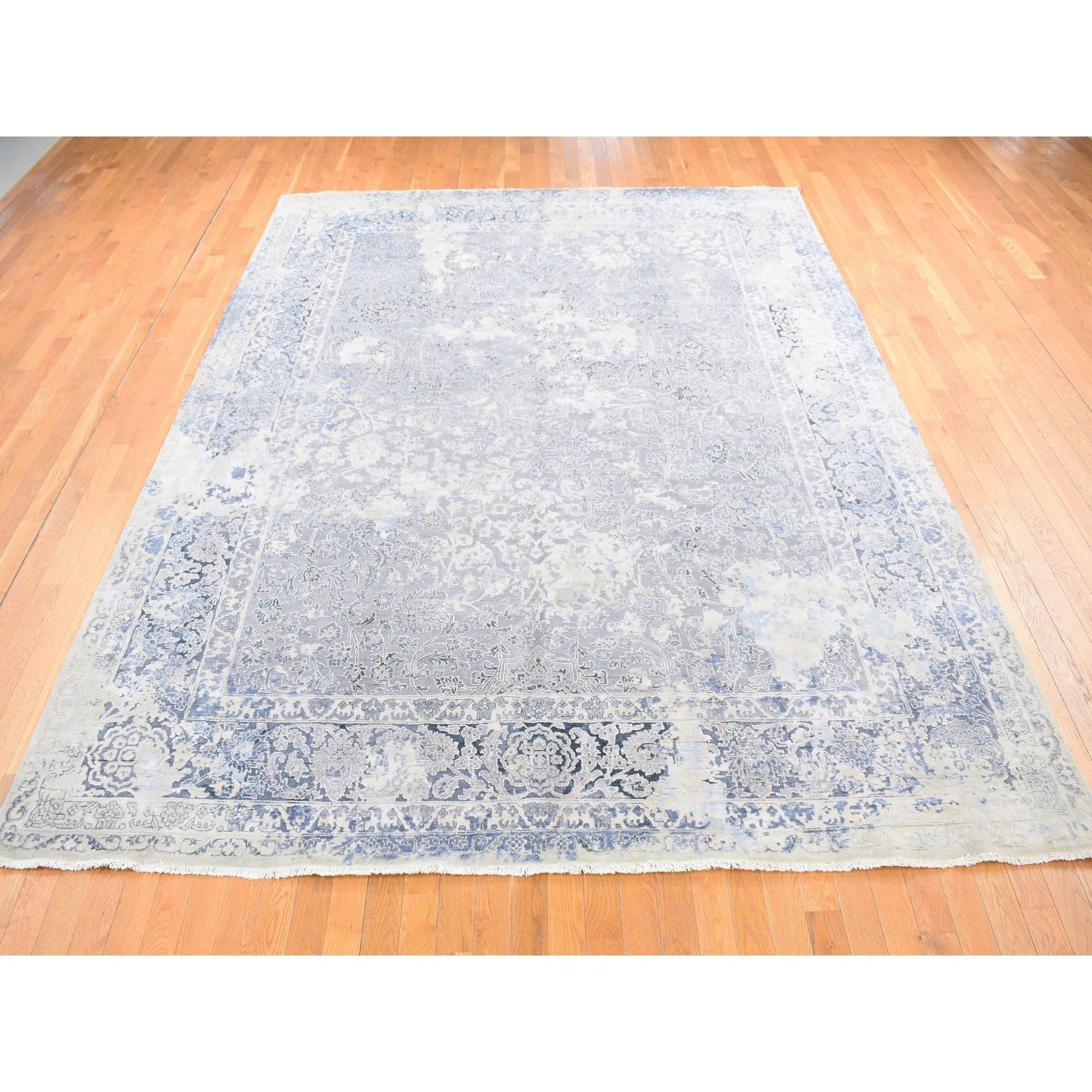 Afghano Tappeto orientale Kashan grigio cenere annodato a mano in lana e pura seta 9'0