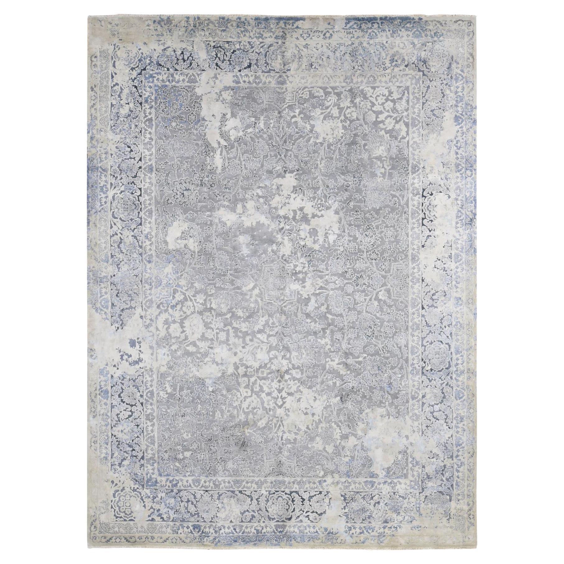 Ash Gray Broken Kashan Wool and Pure Silk Hand Knotted Oriental Rug 9'0" x 12'0"