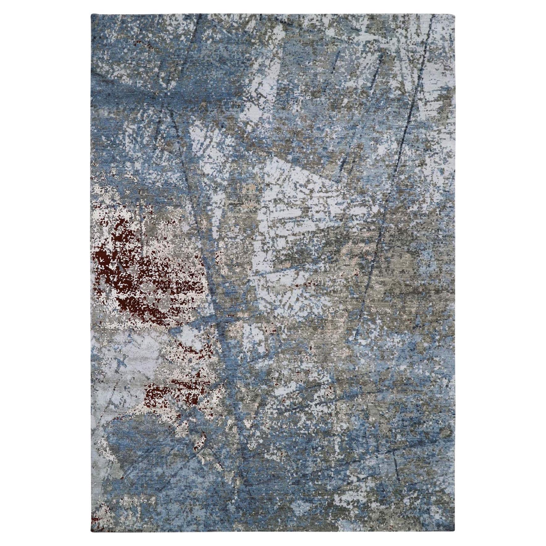 Ash Gray Extra Soft Wool Hand Knotted Modern Abstract Design Rugs 10'0" x 14'2" in vendita
