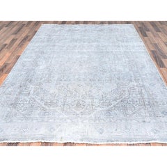 Ash Gray Vintage Zoroastrian Tebraz Worn Down Pure Wool Hand Knotted Clean Rug