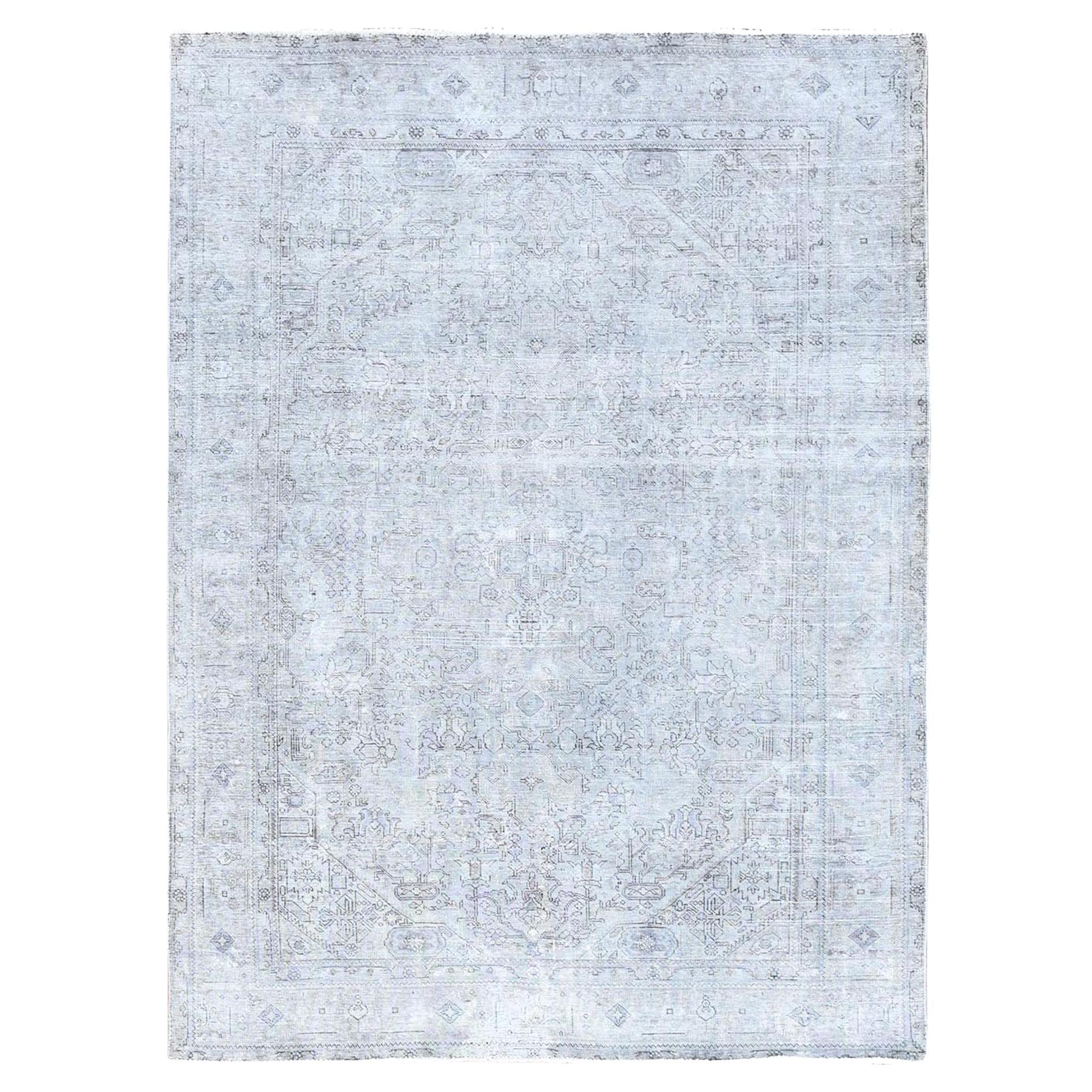 Ash Gray Vintage Persian Tabriz Distressed Worn Down Soft Wool Hand Knotted Rug