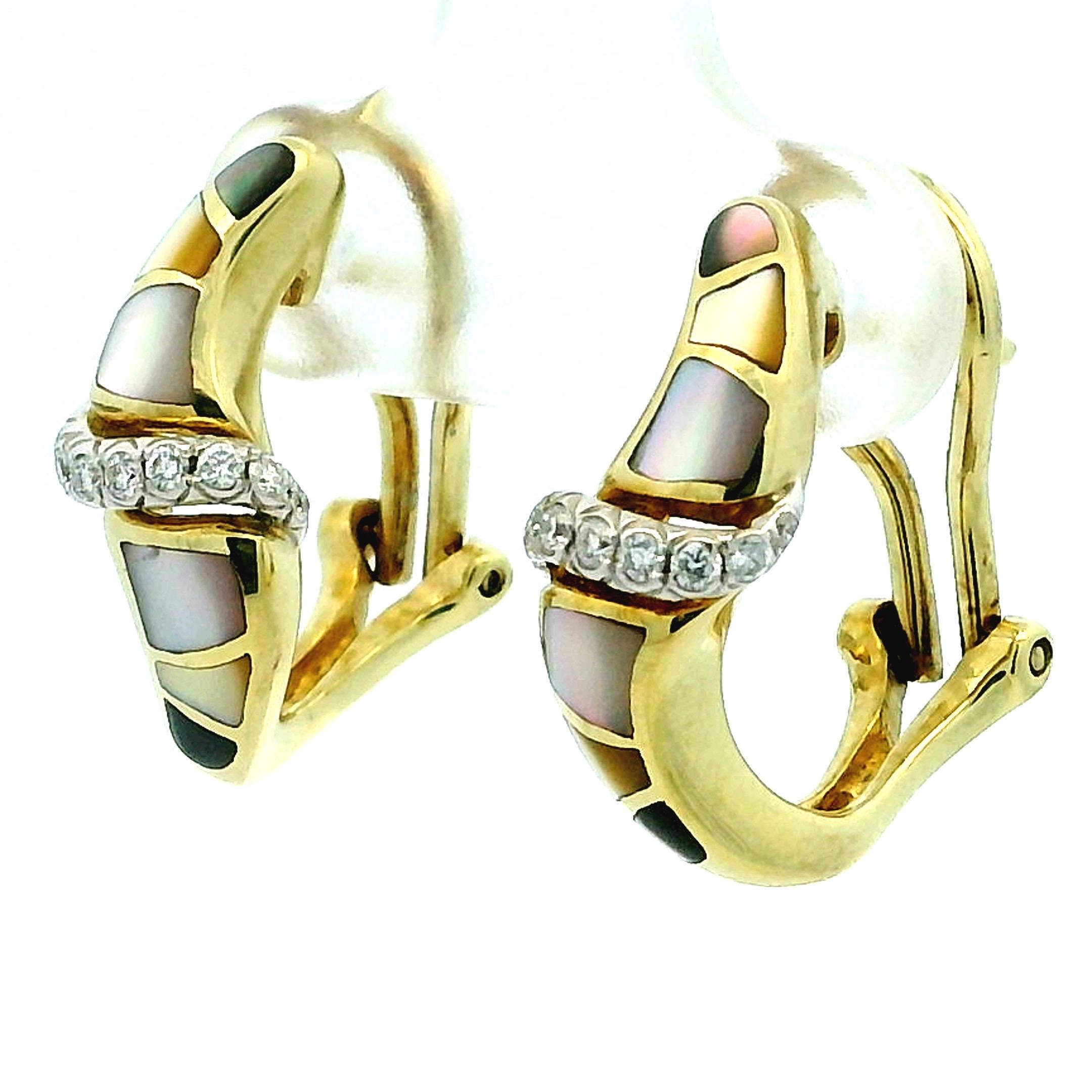 Ash Grossbardt 14K Gold Perlmutt Inlay Diamant Creolen im Angebot 5