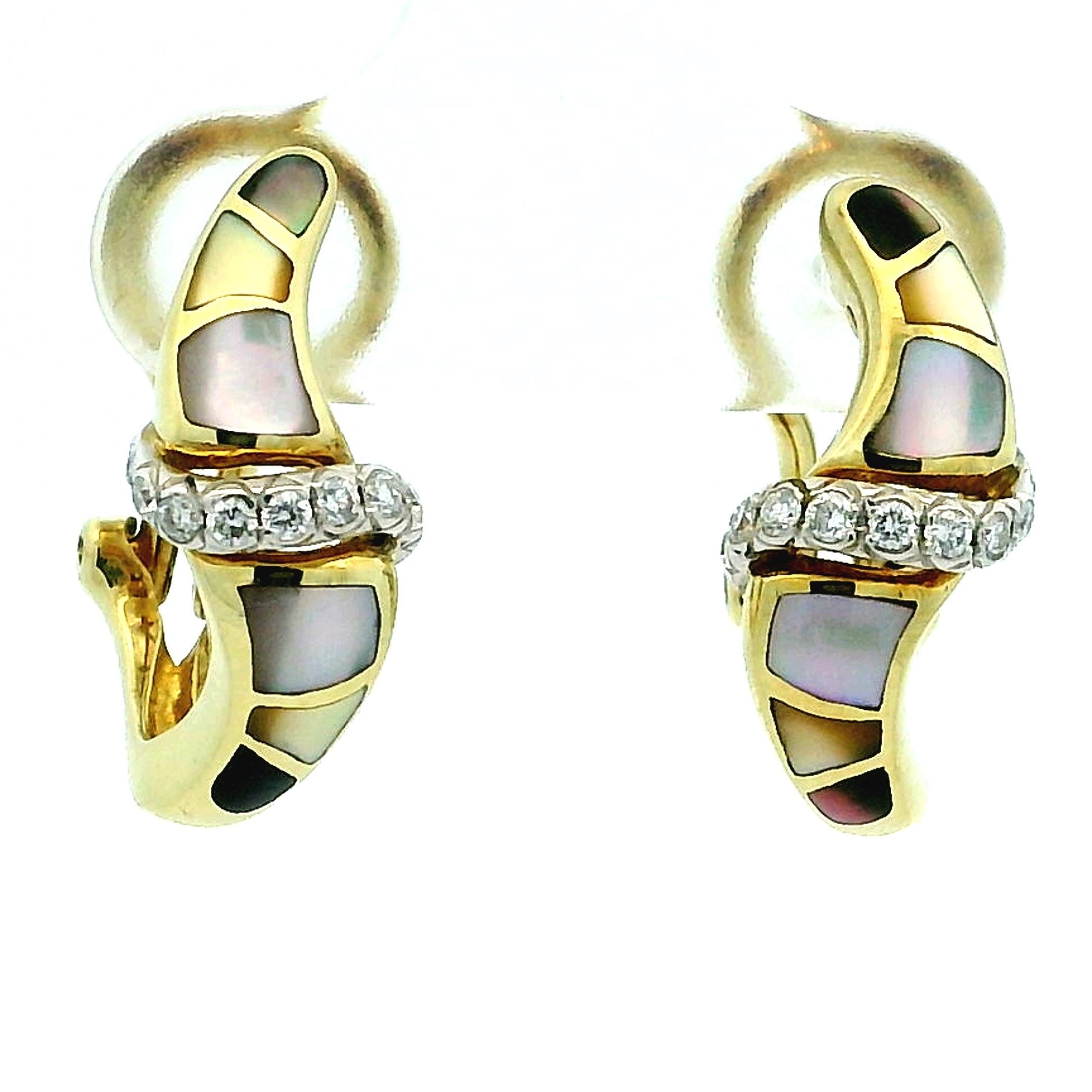 Ash Grossbardt 14K Gold Perlmutt Inlay Diamant Creolen im Angebot 6