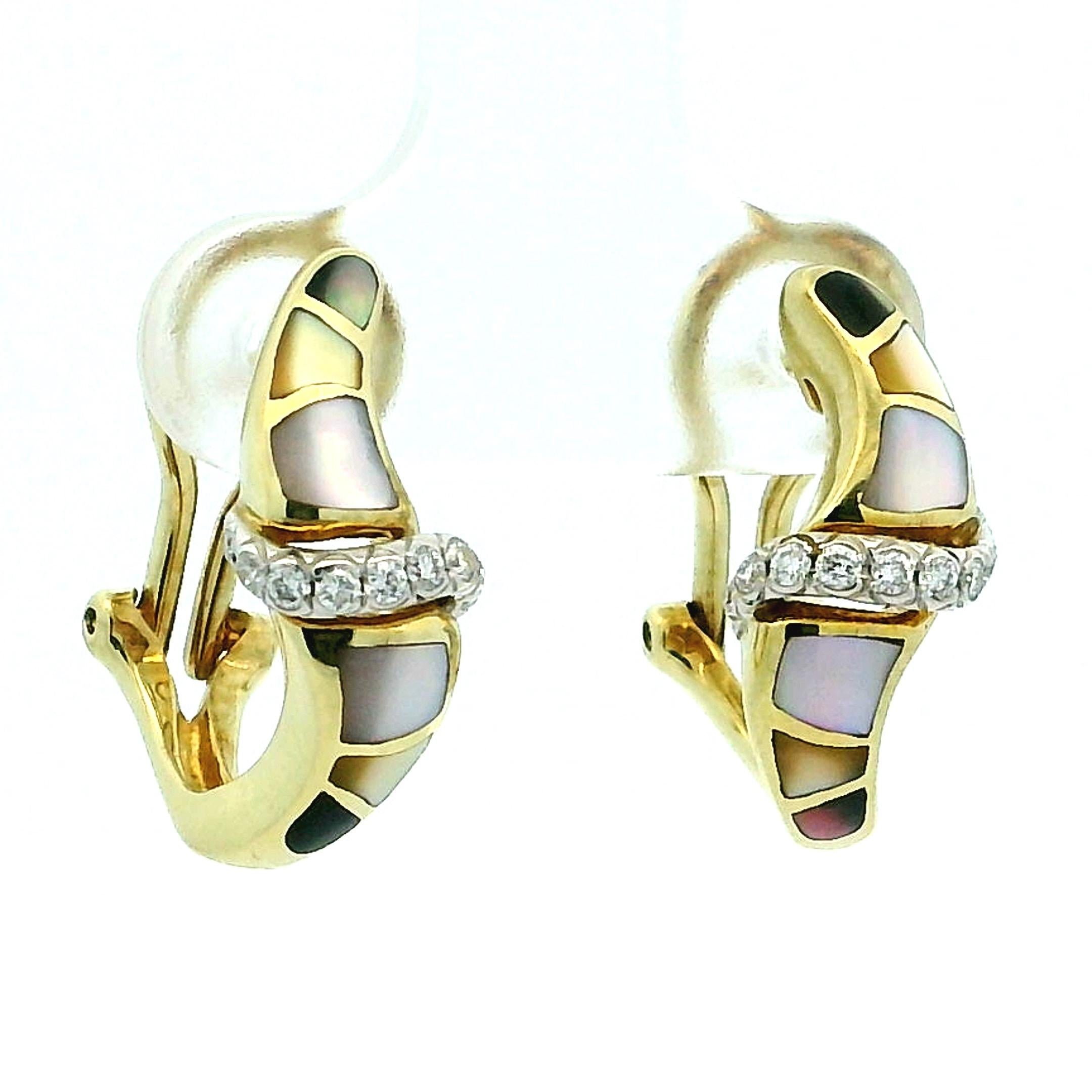 Ash Grossbardt 14K Gold Perlmutt Inlay Diamant Creolen (Zeitgenössisch) im Angebot