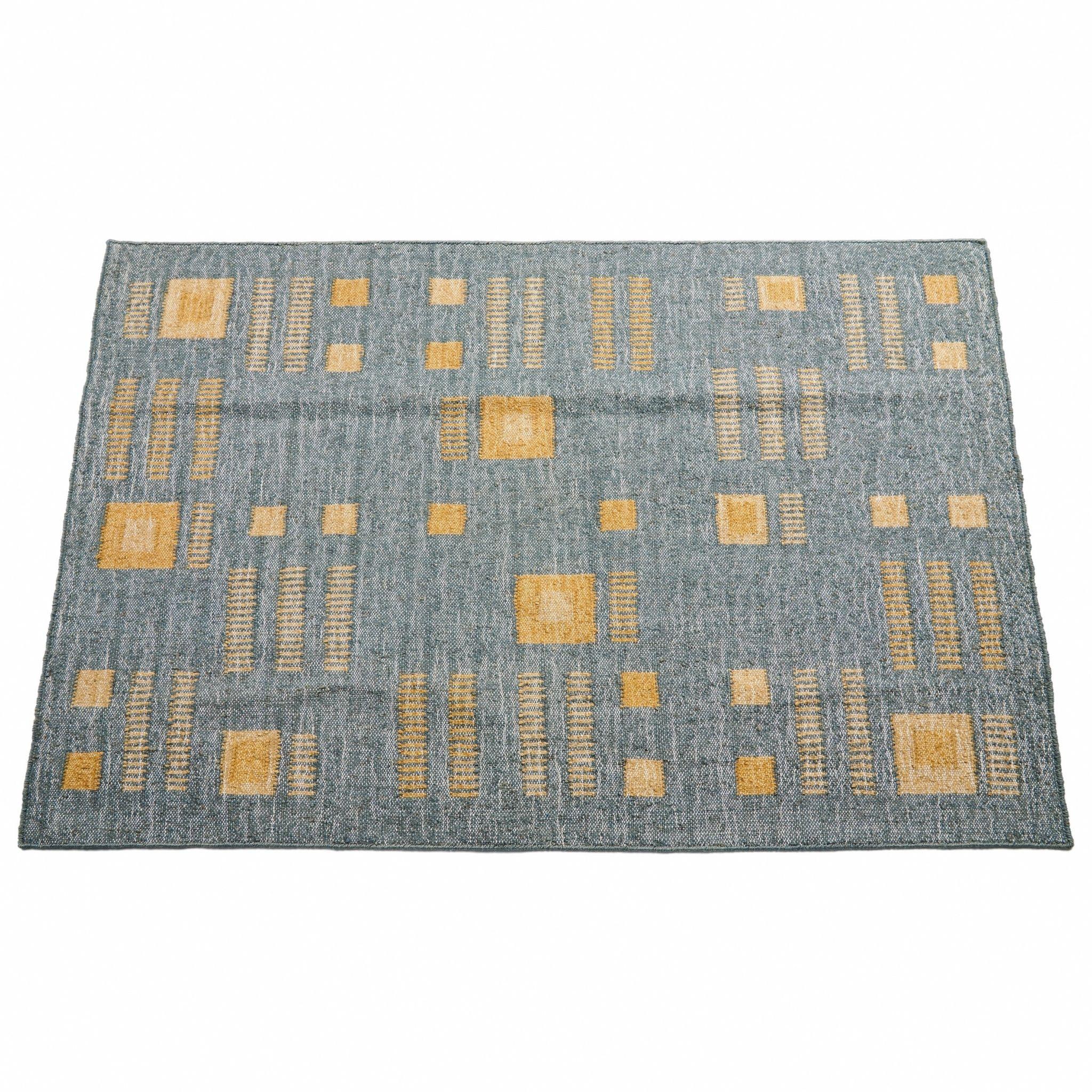 Contemporary Ash Handwoven Geometric Pattern Jute Indian Rug in Earthy Shades of Blue , Gray For Sale