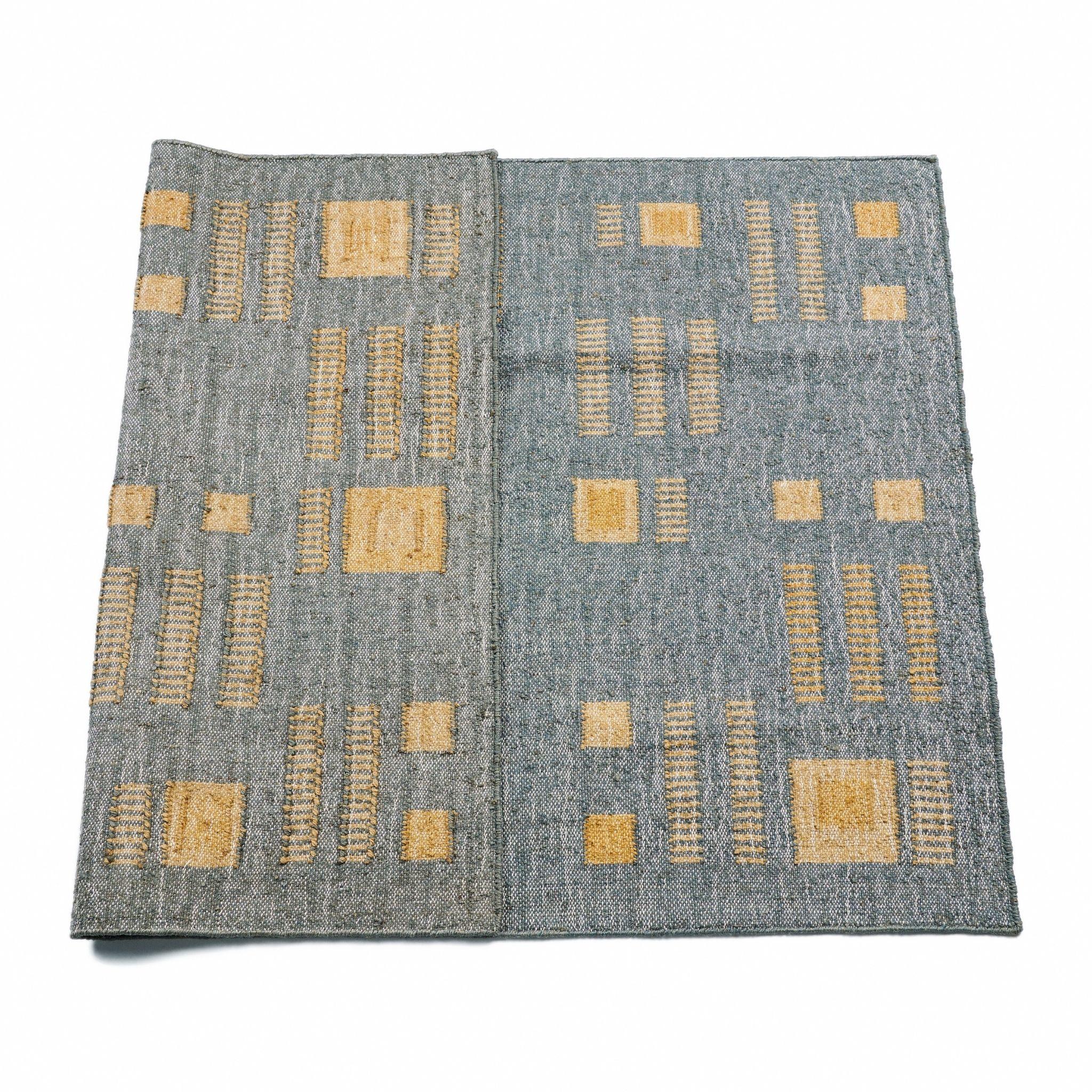 Ash Handwoven Geometric Pattern Jute Indian Rug in Earthy Shades of Blue , Gray For Sale 2