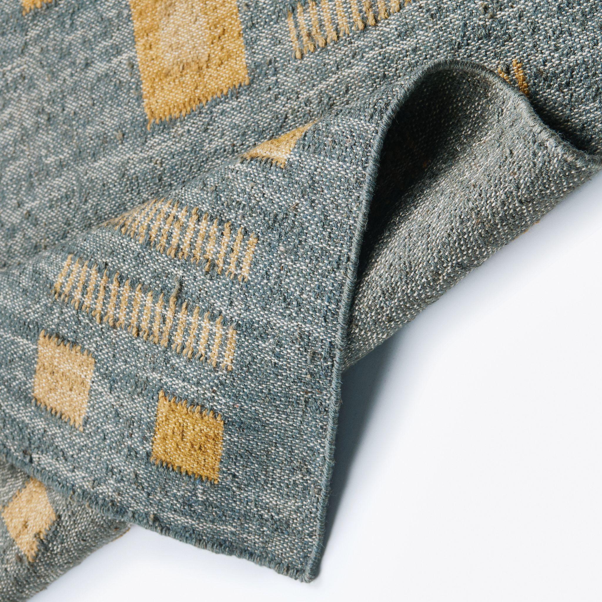 Organic Modern Ash Handwoven Geometric Pattern Jute Indian Rug in Earthy Shades of Blue , Gray For Sale
