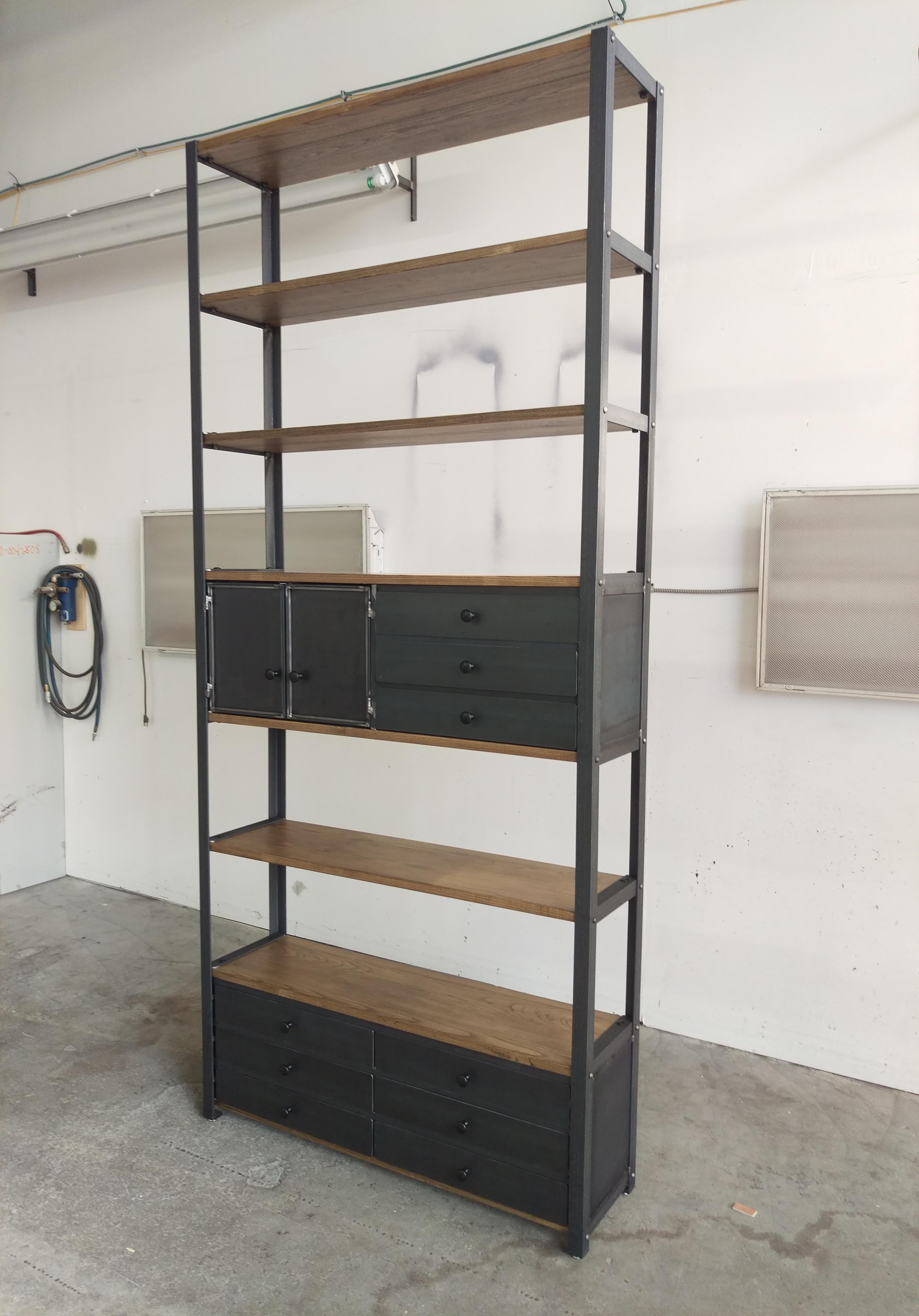 American Ash Industrial Bookcase Kitchen Hutch with drawers For Sale