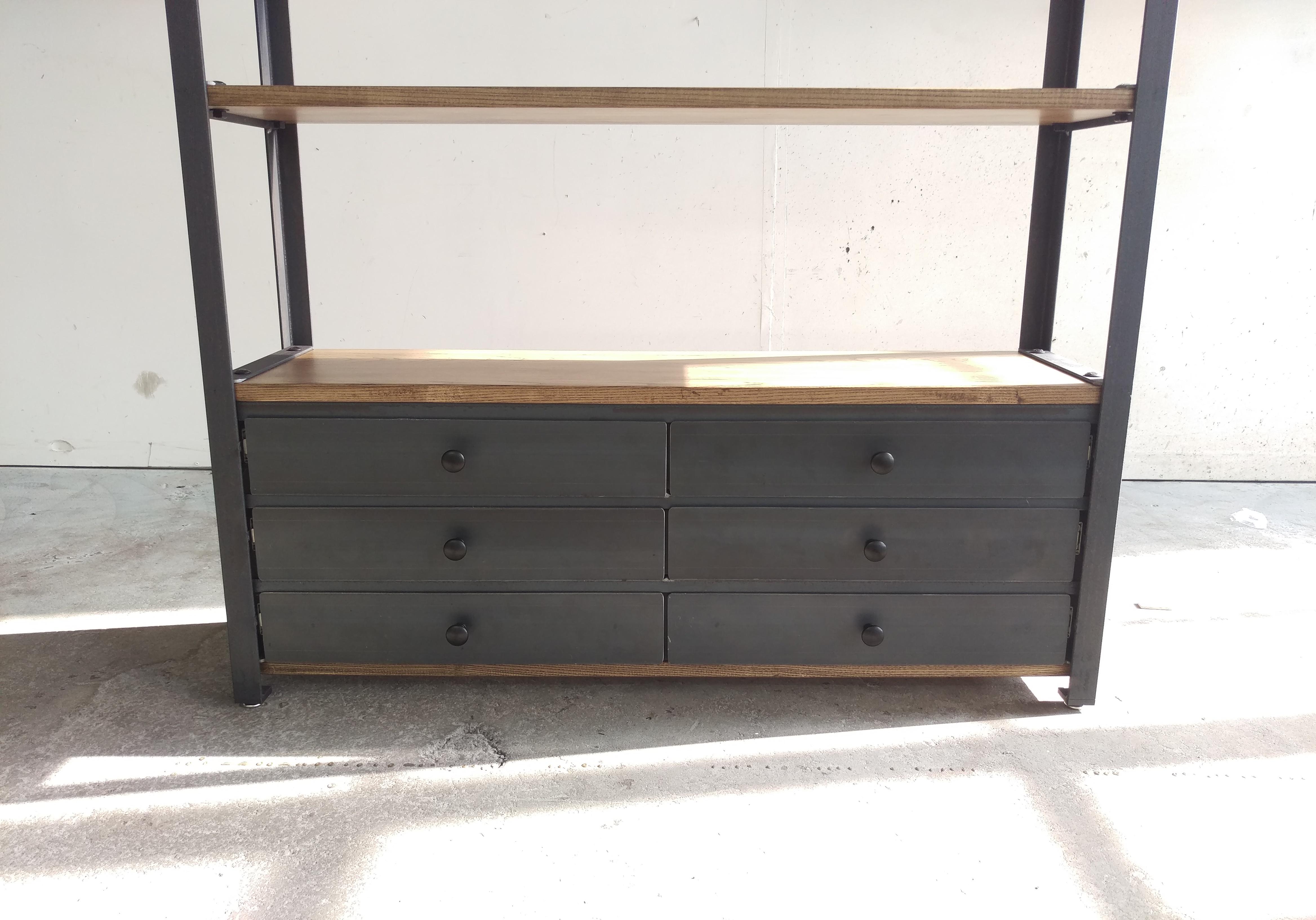 Welded Ash Industrial Bookcase Kitchen Hutch with drawers For Sale