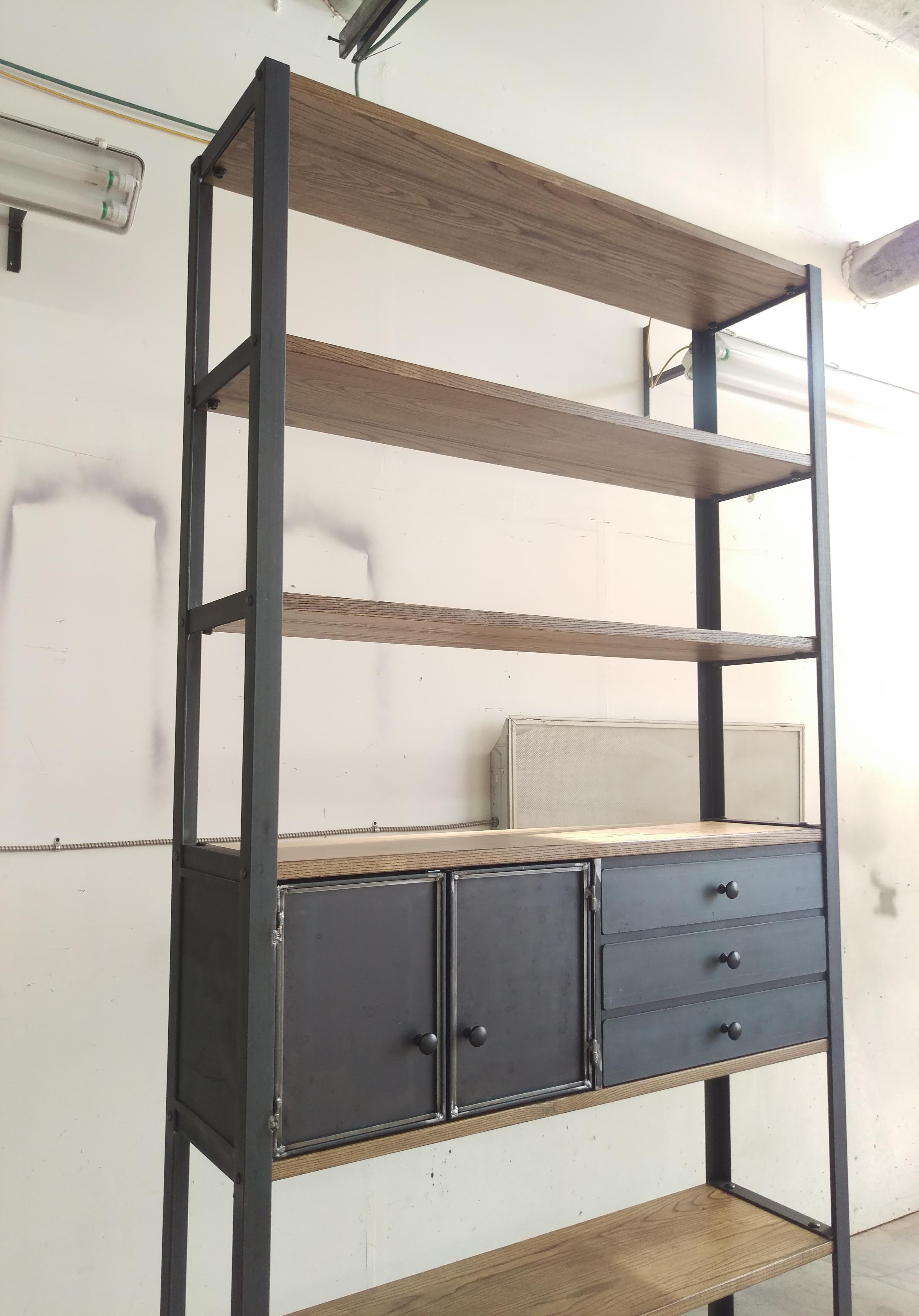 Contemporary Ash Industrial Bookcase Kitchen Hutch with drawers For Sale