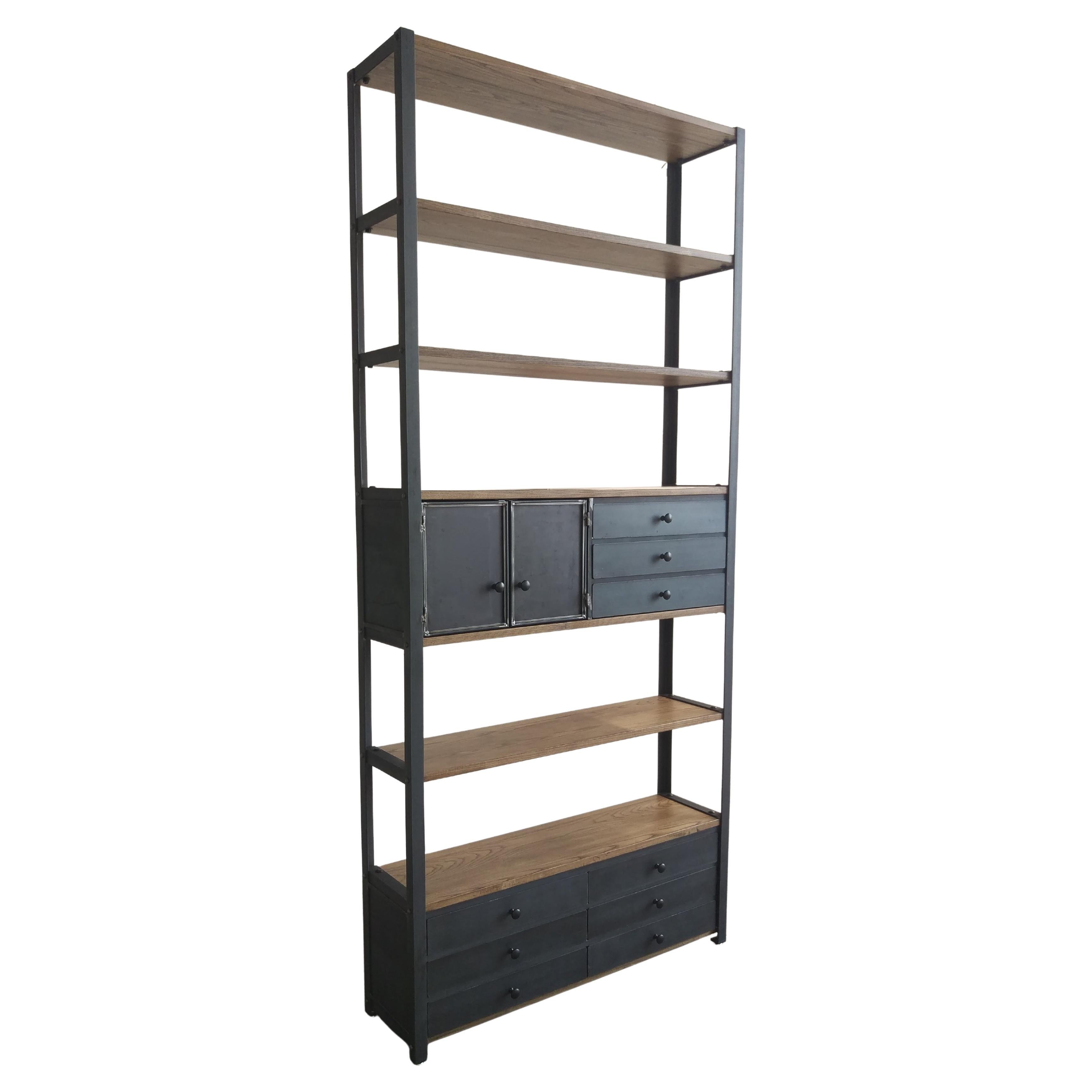 Ash Industrial Bookcase Kitchen Hutch with drawers
