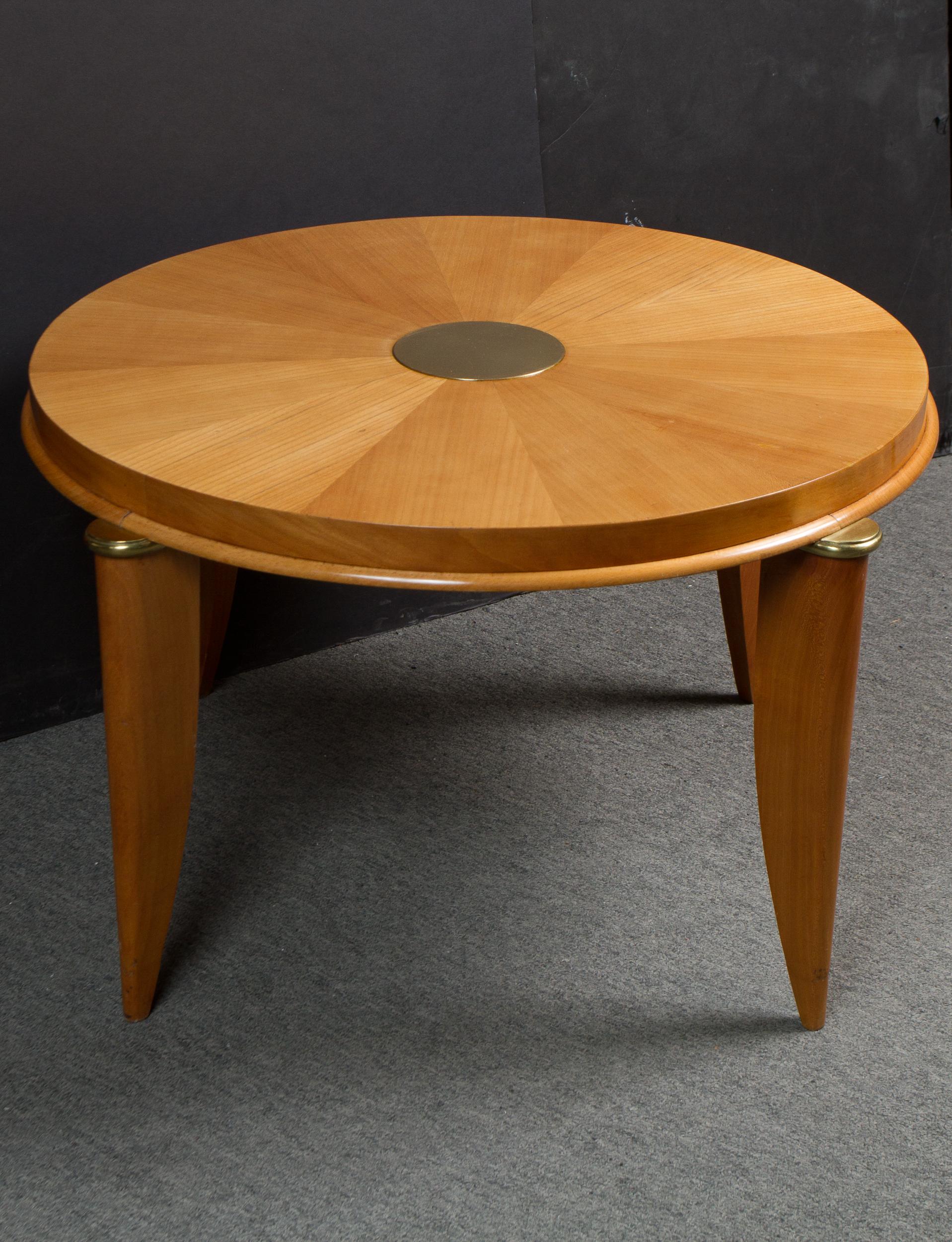 Ash radial veneer circular Art Deco coffee table by Maurice Jallot.