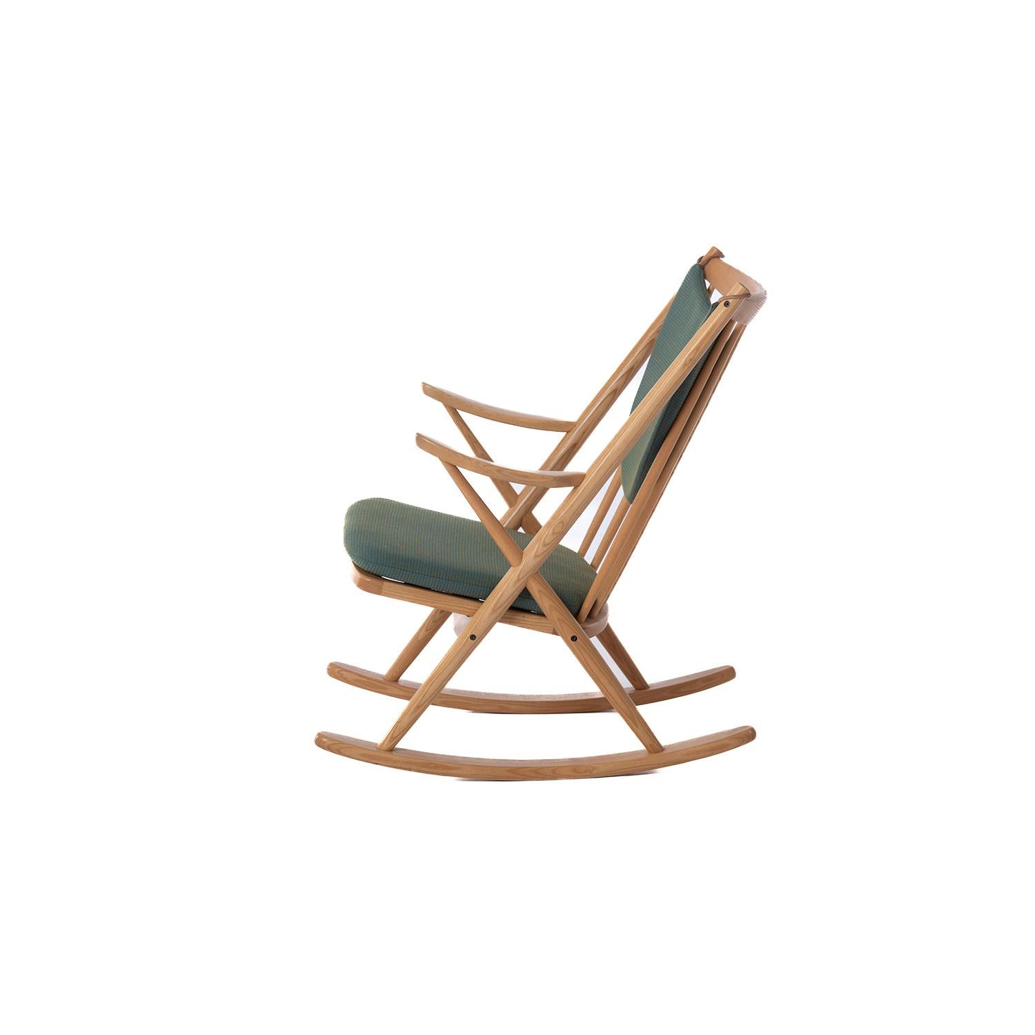 Scandinavian Modern Ash Rocking Chair with Risom Fabric Cushions in Aquafresh
