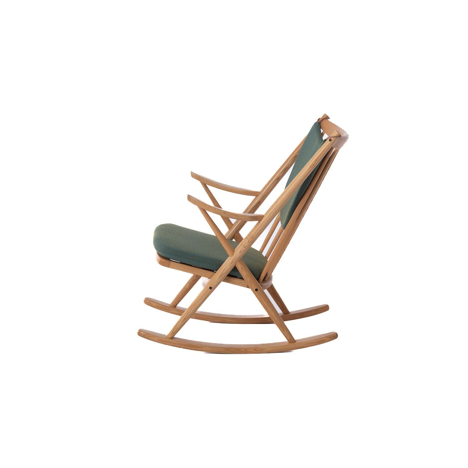 Scandinavian Ash Rocking Chair with Risom Fabric Cushions in Aquafresh