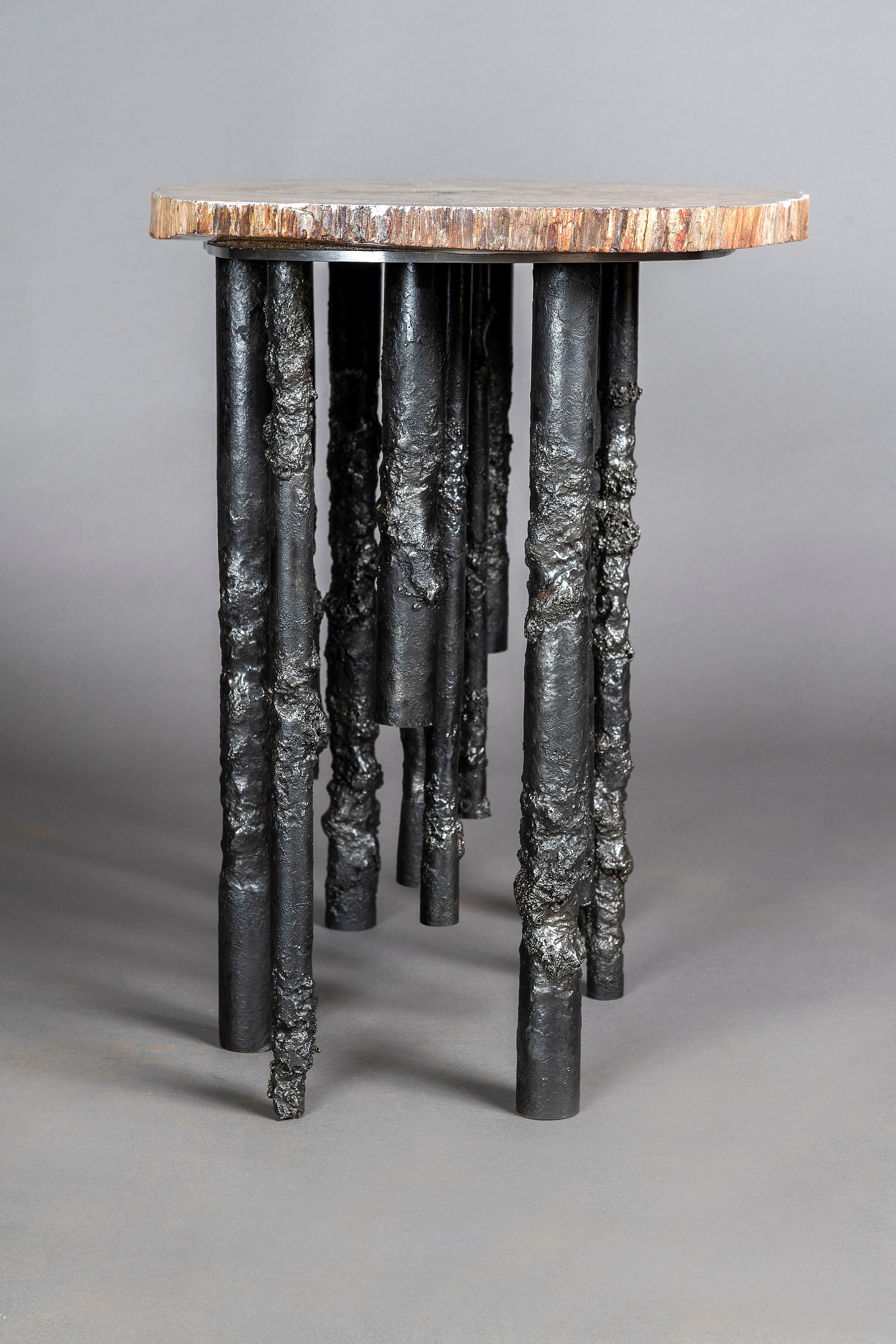 This one of a kind petrified wood and iron table is a sculptural original. The iron legs resemble trees in a forest and the slab top was cut from 200 million year old Arizona tree. Each leg is unique and although handmade, they resemble an organic