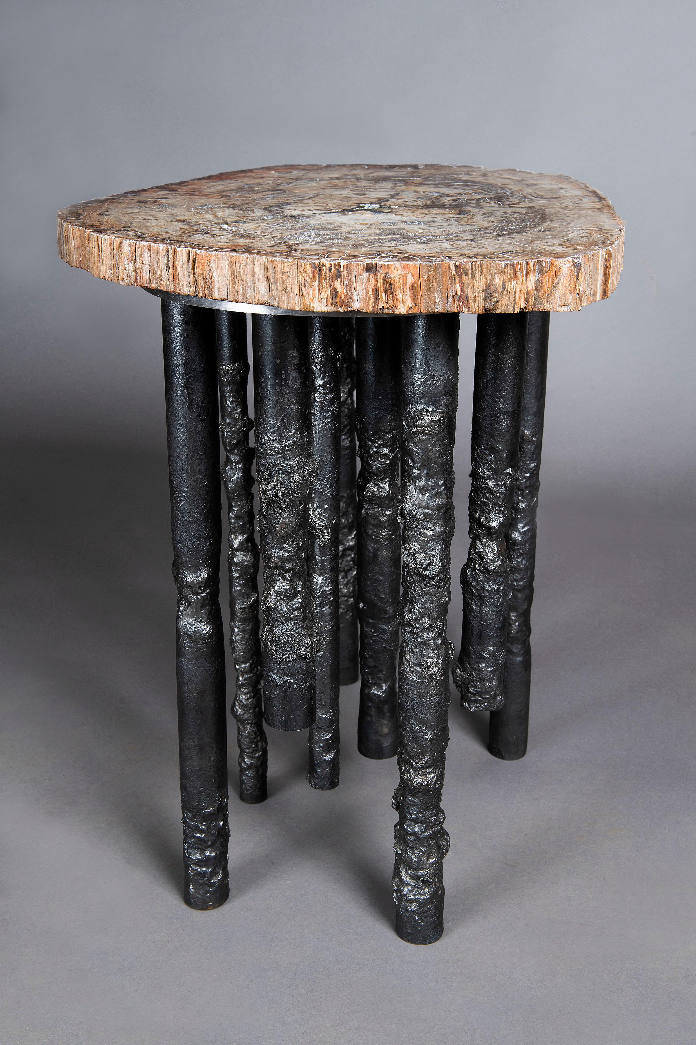 Organic Modern Hand Crafted Petrified Wood And Steel Sculptural One Of A Kind Iron Side Table For Sale