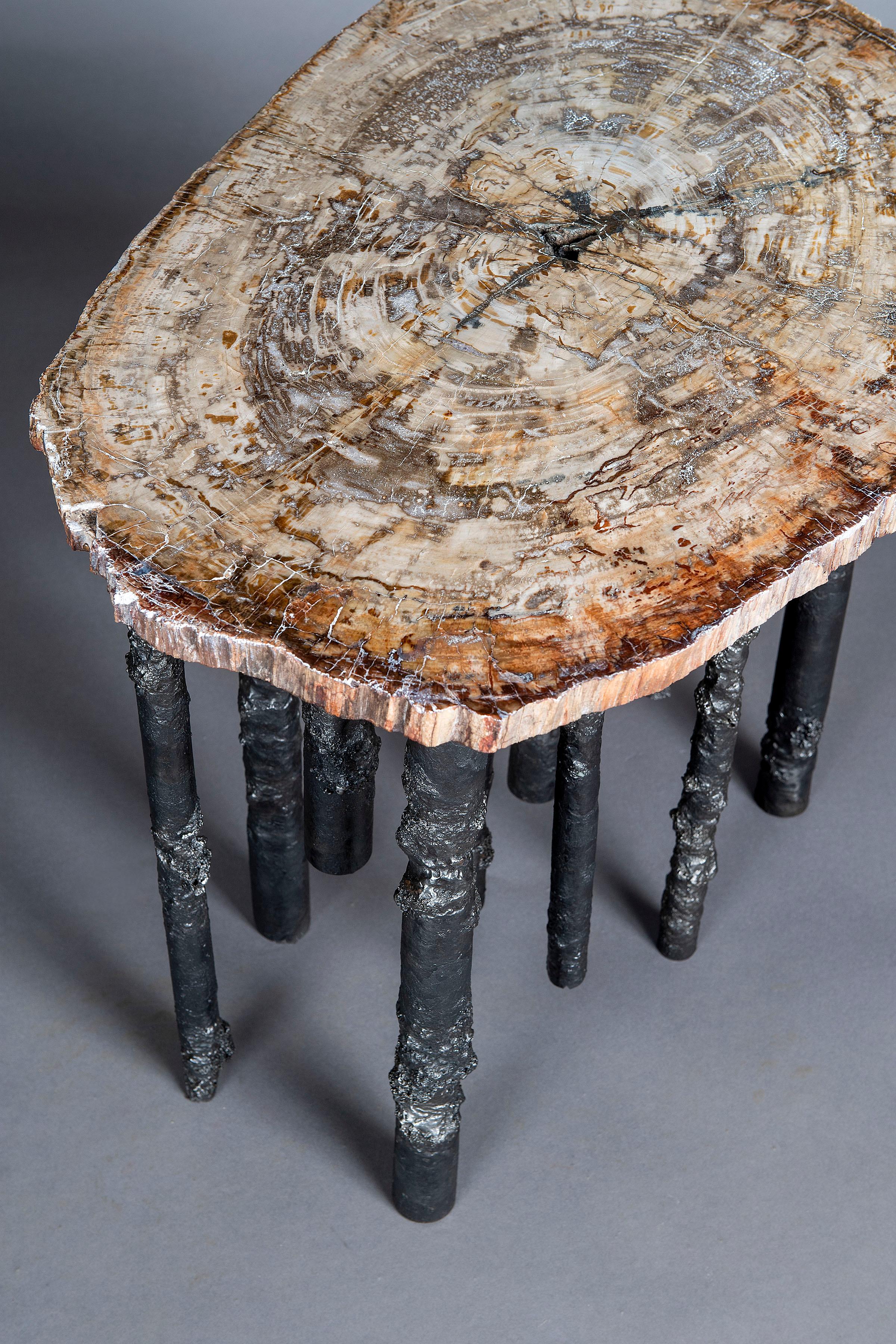Handgefertigter skulpturaler Beistelltisch aus versteinertem Holz und Stahl aus Eisen, Unikat (Metallarbeit) im Angebot