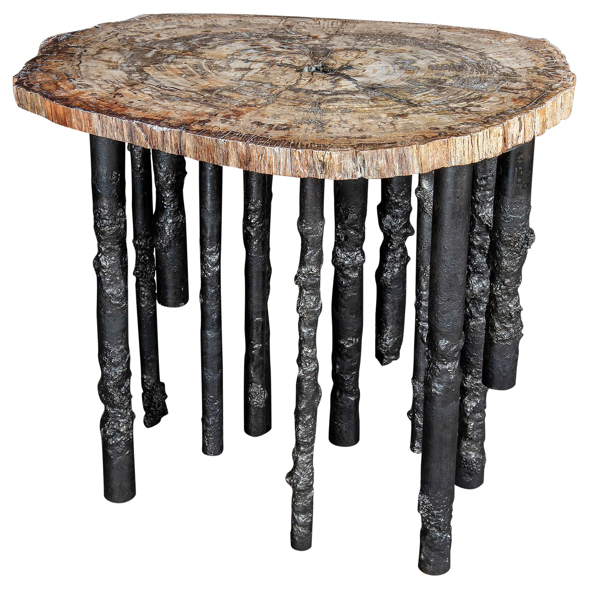 Table d'appoint sculpturale en acier et bois pétrifié, fabriquée à la main, unique en son genre