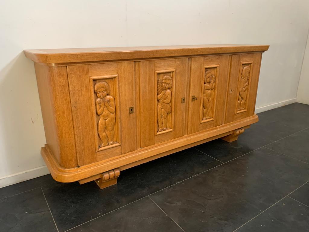 French Ash Sideboard with Carved Panels, 1930s For Sale