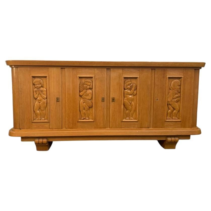 Ash Sideboard with Carved Panels, 1930s For Sale
