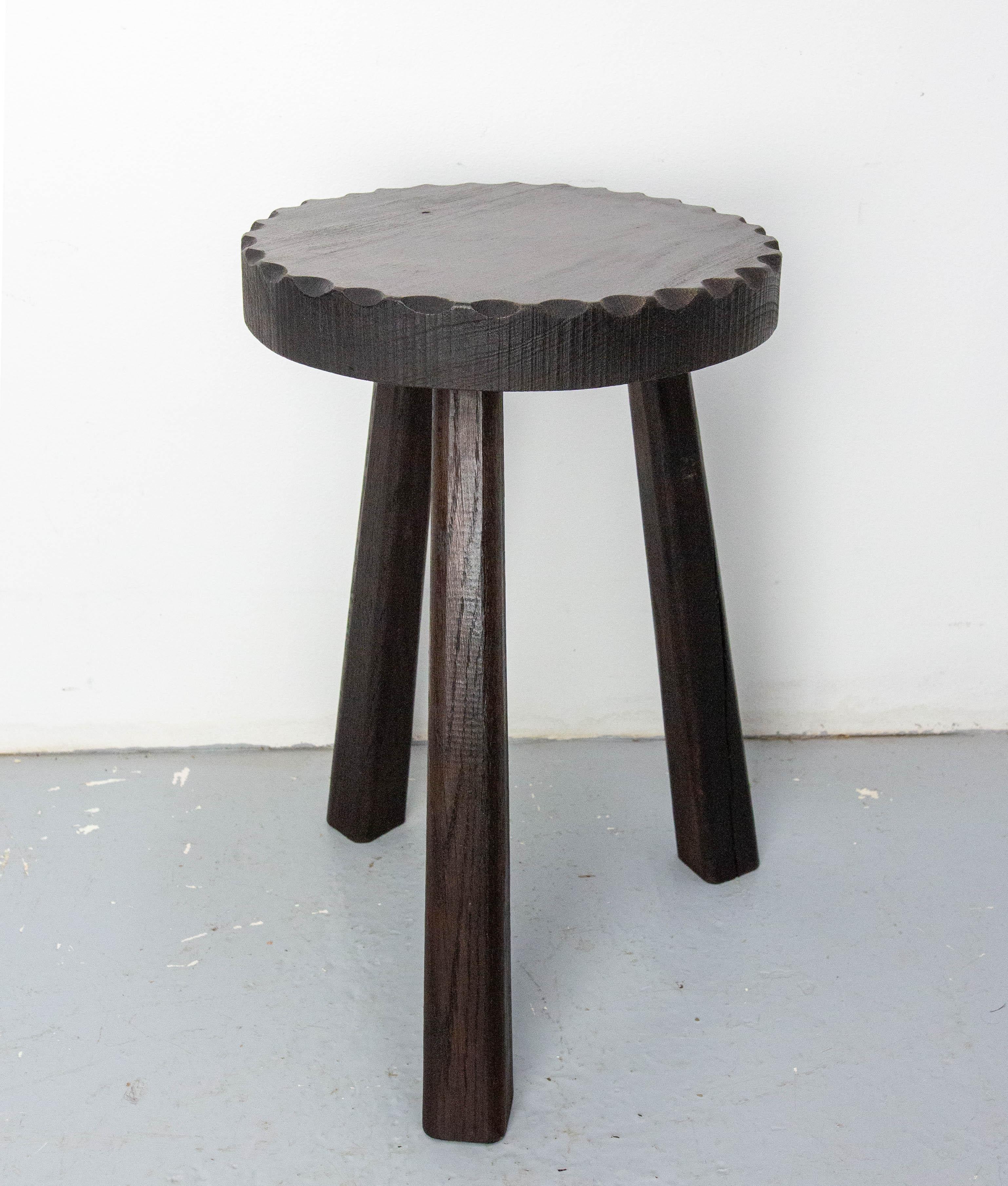 Mid-Century Modern Ash Three Legs Stool Round Top Spanish Style, France circa 1940 For Sale