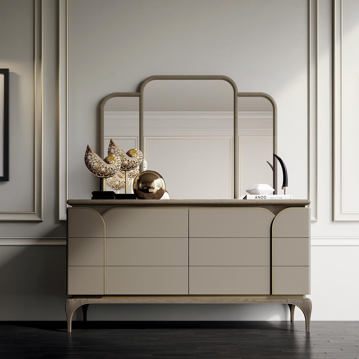 A testament to clean, modern design, this four-door sideboard is masterfully made of flamed ash and eucalyptus wood-veneered MDF and plywood frame and a base fashioned of solid ash. Elegant and sleek, this splendid work of craftsmanship is outlined