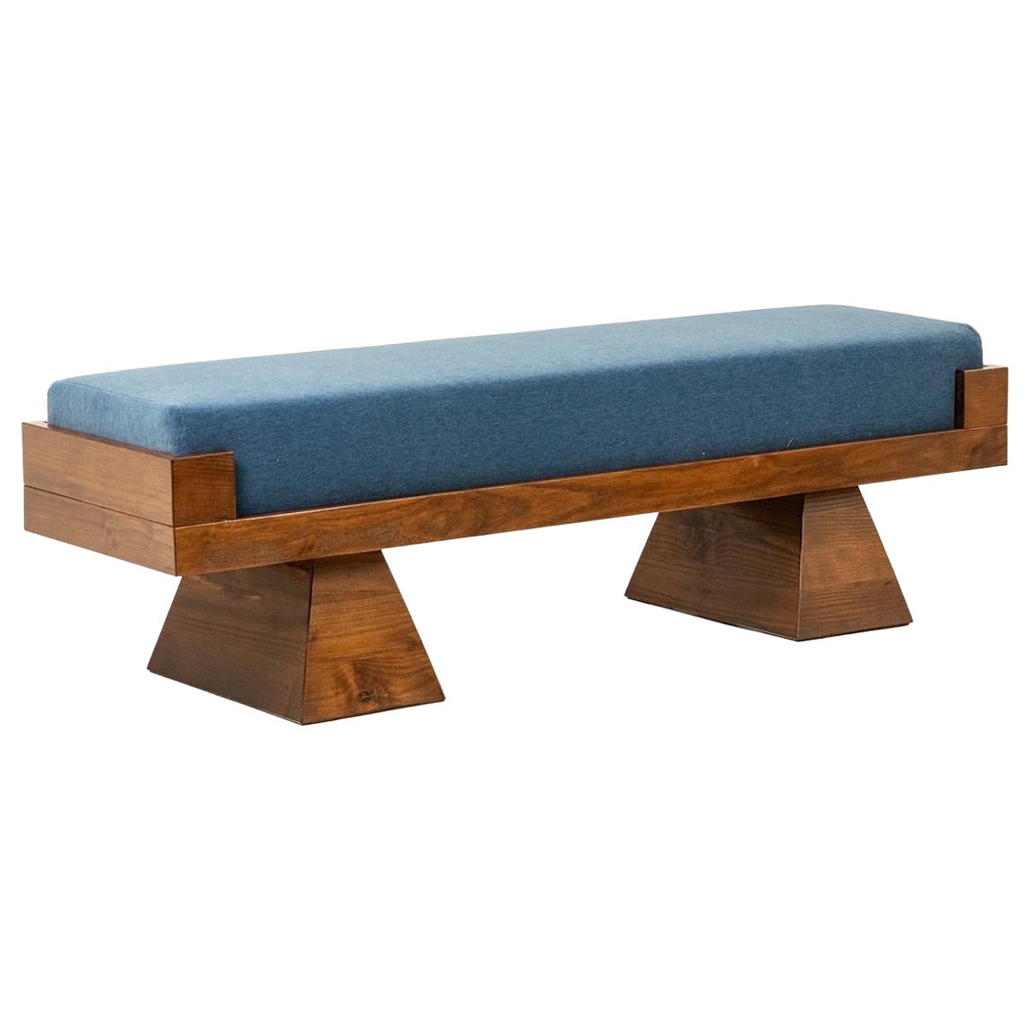 Ash wood bench upholstered in glacier blue velvet. Contemporary.