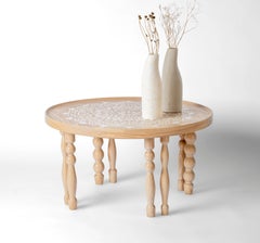 Ash Wood Coffee Table with Arabesque-Inspired Legs & Stenciled Mandala Motif
