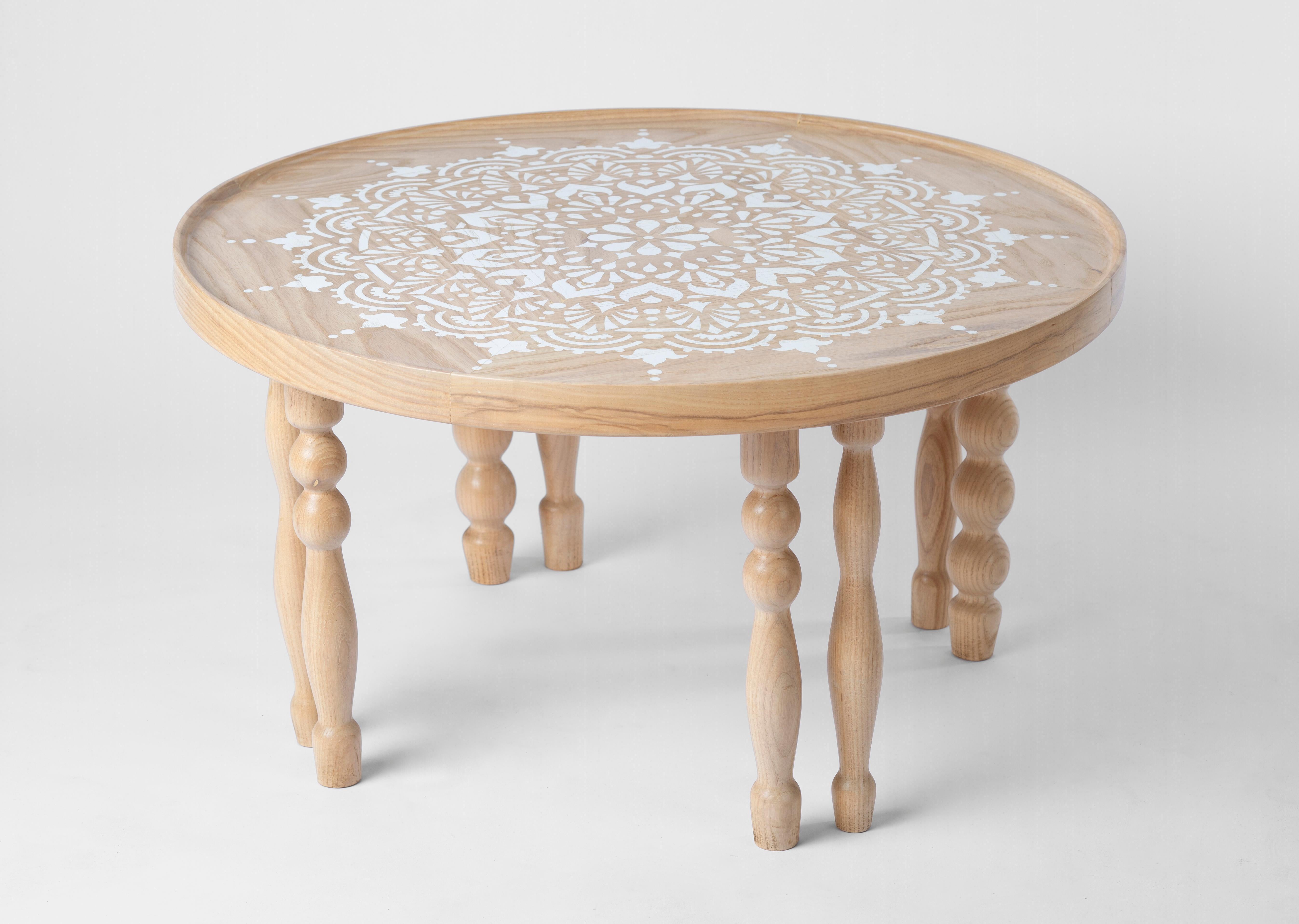 Modern Ash Wood Coffee Table with Arabesque-Inspired Legs & Stenciled Mandala Motif For Sale