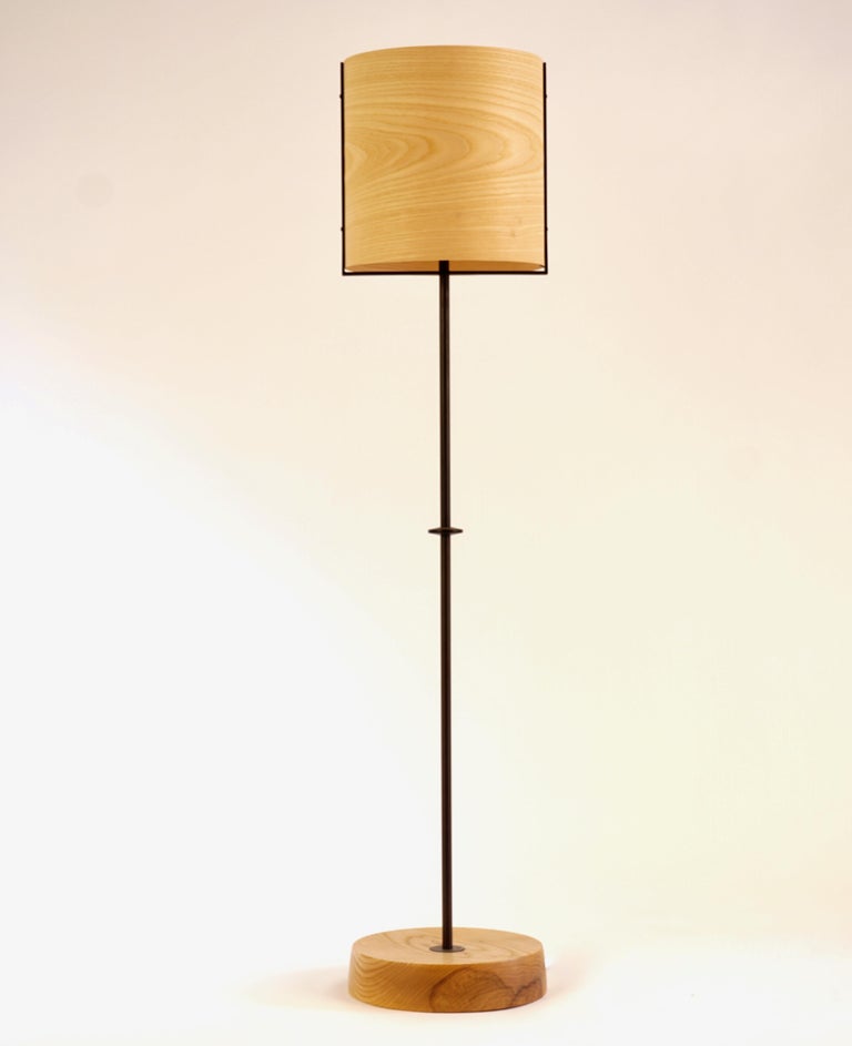 Ash Wood Veneer Floor Lamp 8 with Blackened Bronze Frame For Sale at