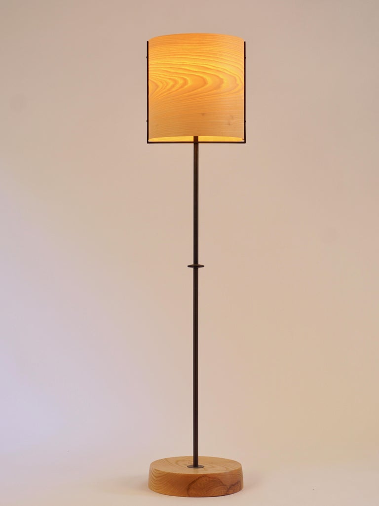 Ash Wood Veneer Floor Lamp 8 with Blackened Bronze Frame For Sale at