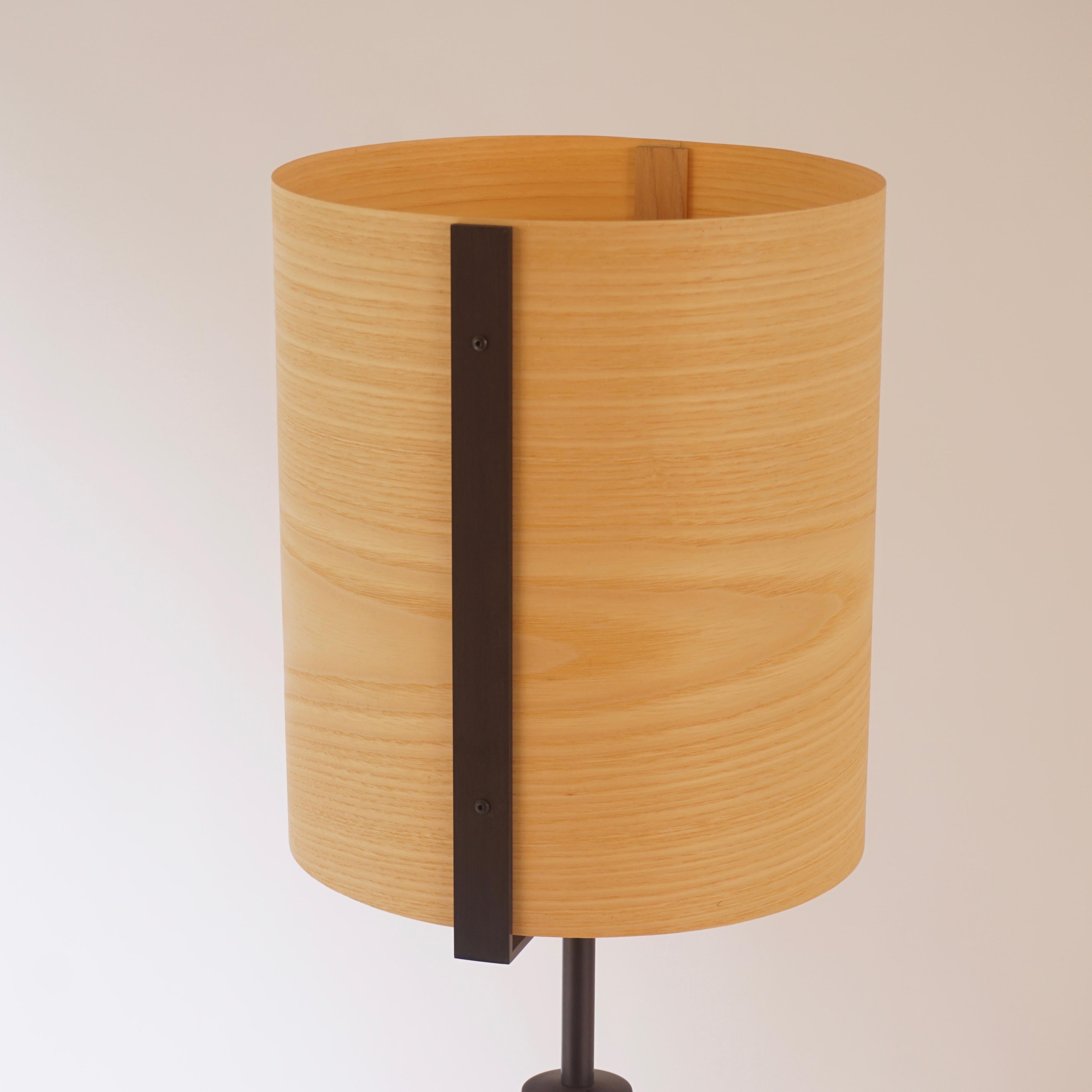 Ash Wood Veneer Table Lamp #5 with Blackened Bronze Frame For Sale 2