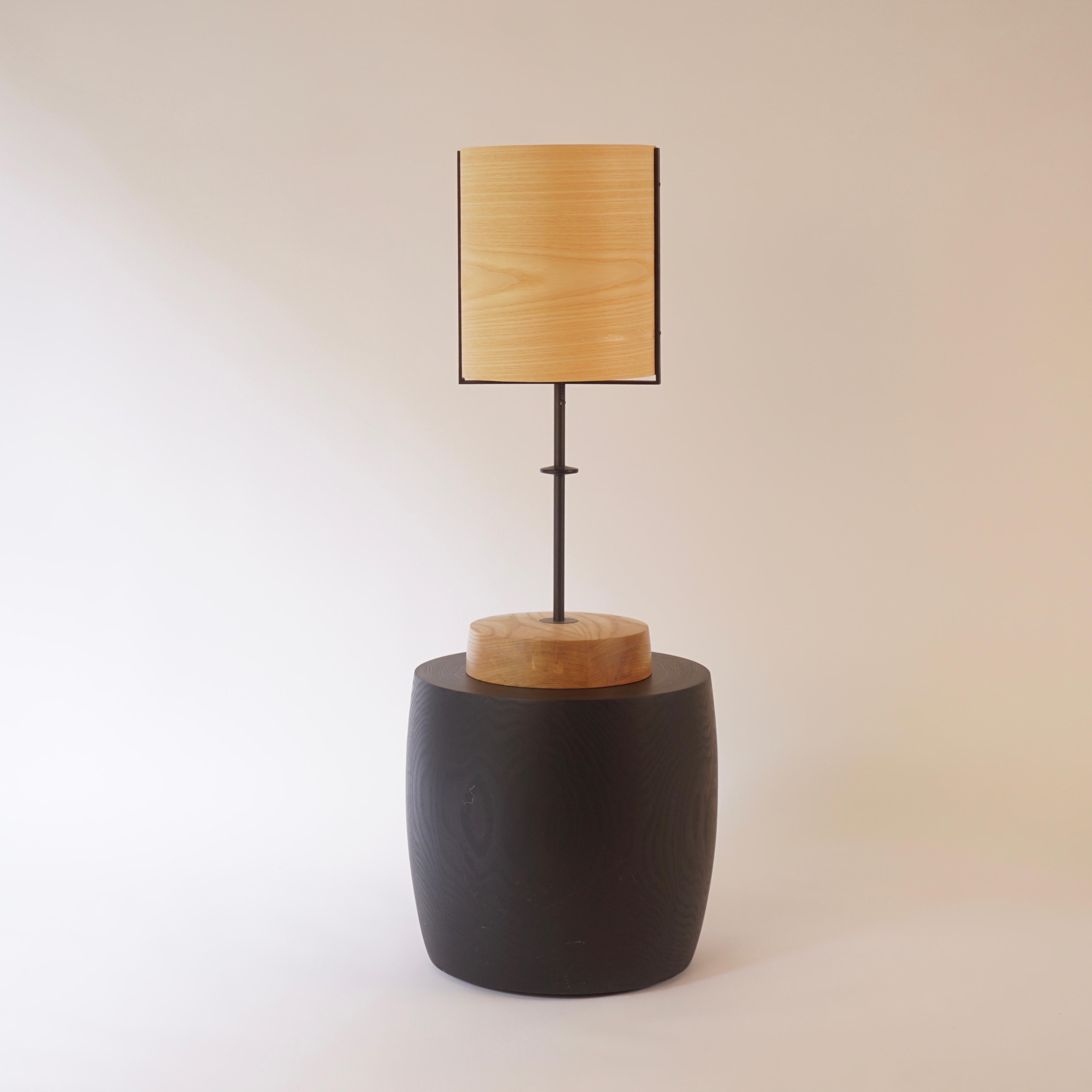 Ash Wood Veneer Table Lamp #5 with Blackened Bronze Frame For Sale 3