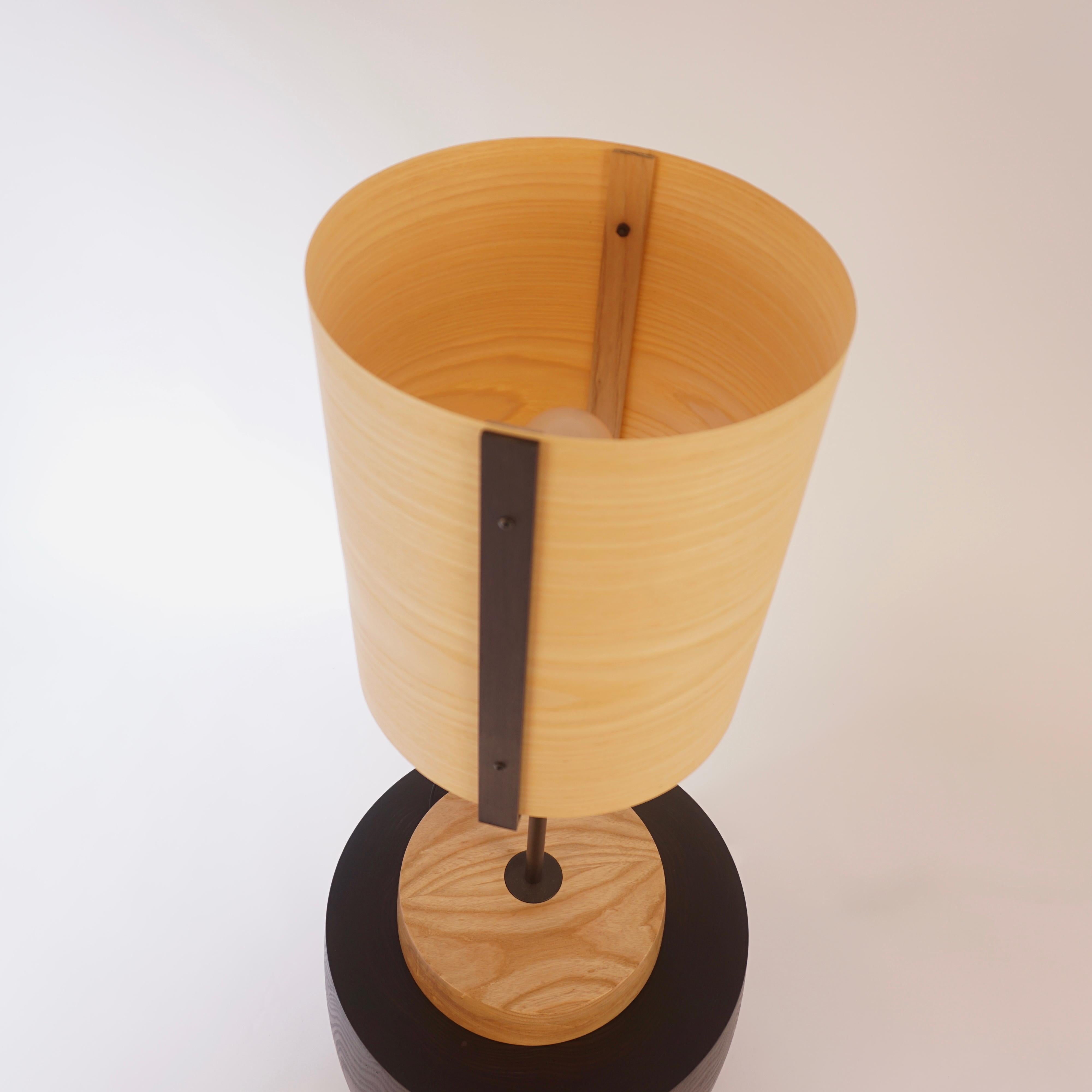 Ash Wood Veneer Table Lamp #5 with Blackened Bronze Frame For Sale 4