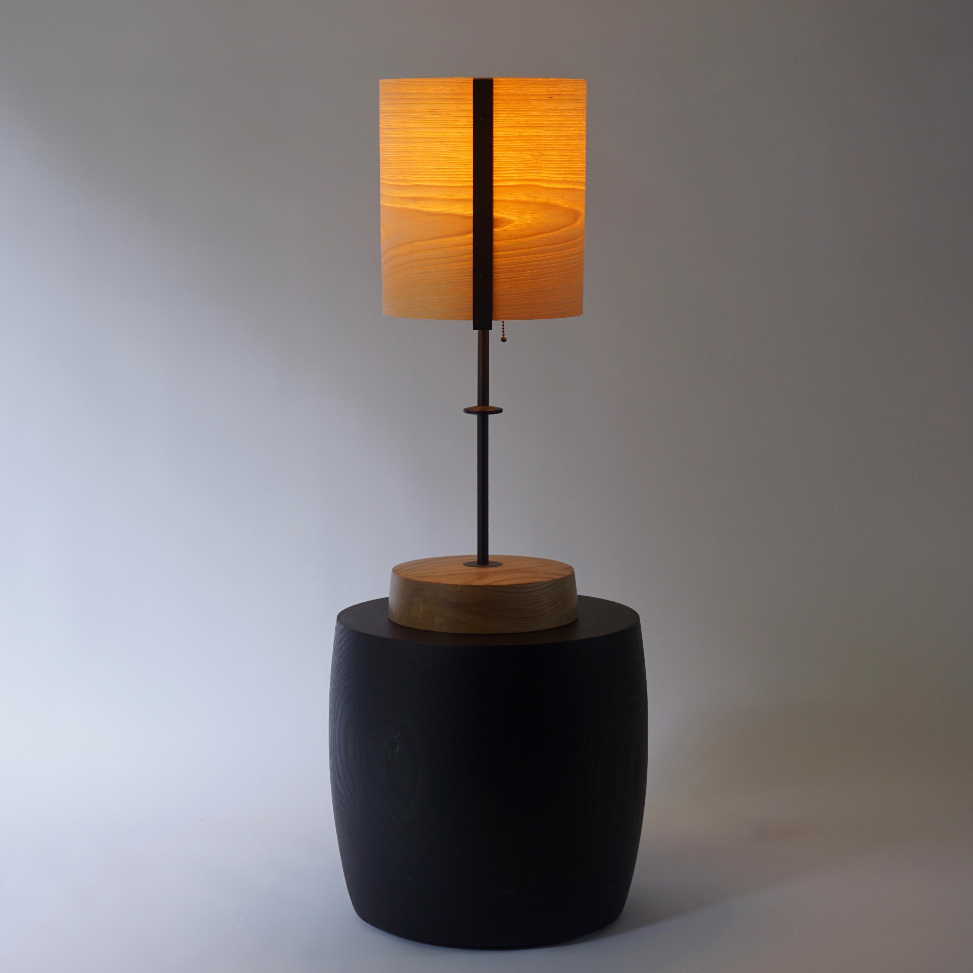 Modern Ash Wood Veneer Table Lamp #5 with Blackened Bronze Frame For Sale