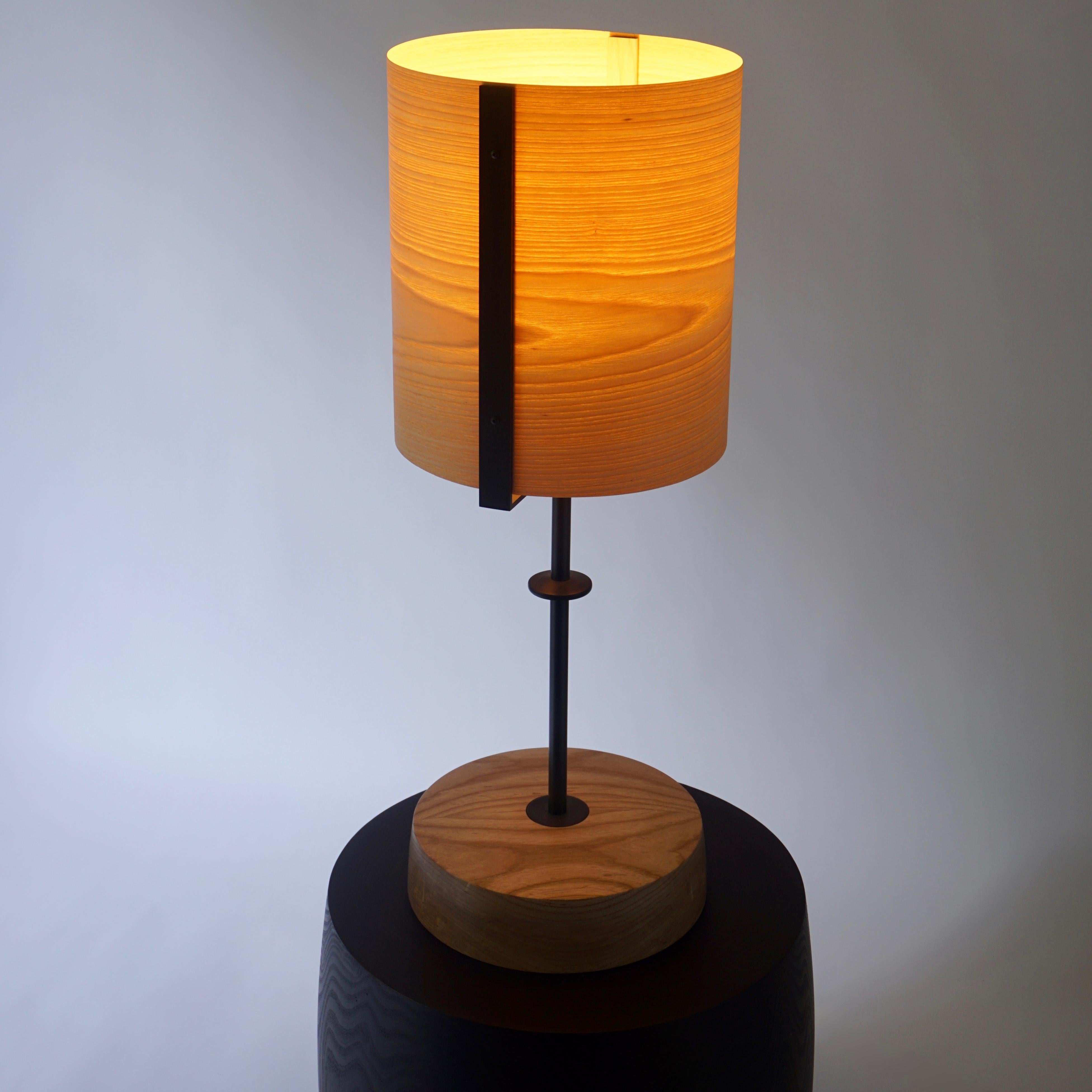 Ash Wood Veneer Table Lamp #5 with Blackened Bronze Frame For Sale 1