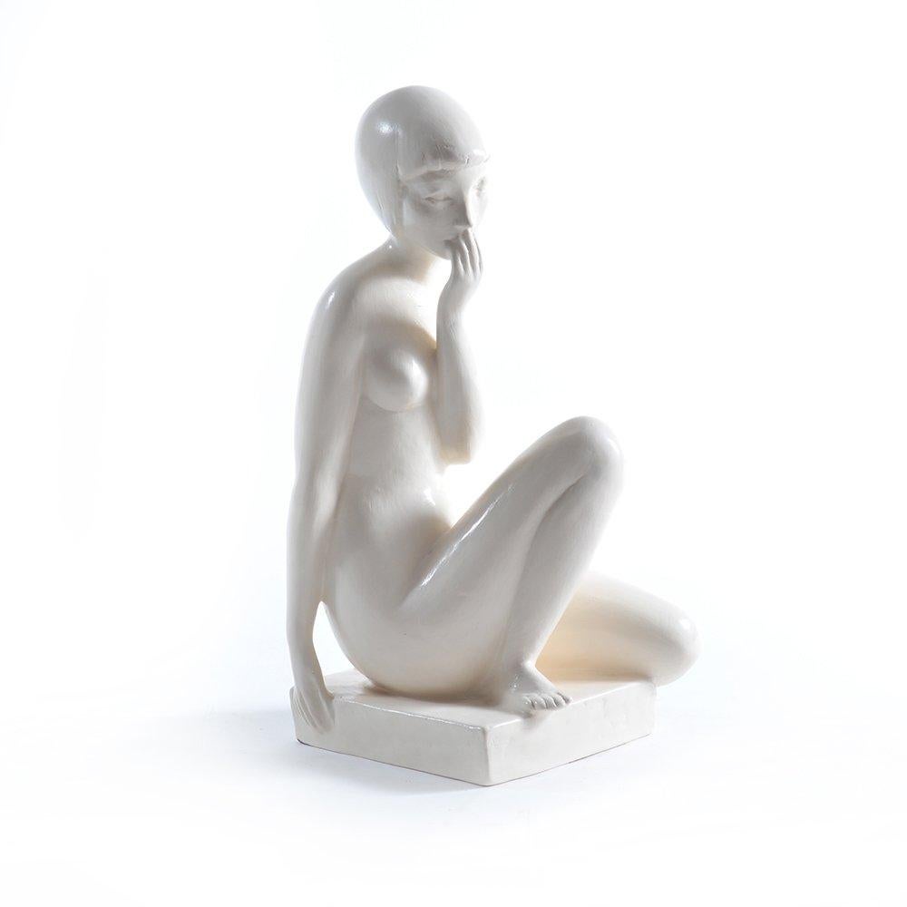 Mid-Century Modern Ashamed Girl Sculpture in White Plaster, Jihokera Czechoslovakia, 1960s