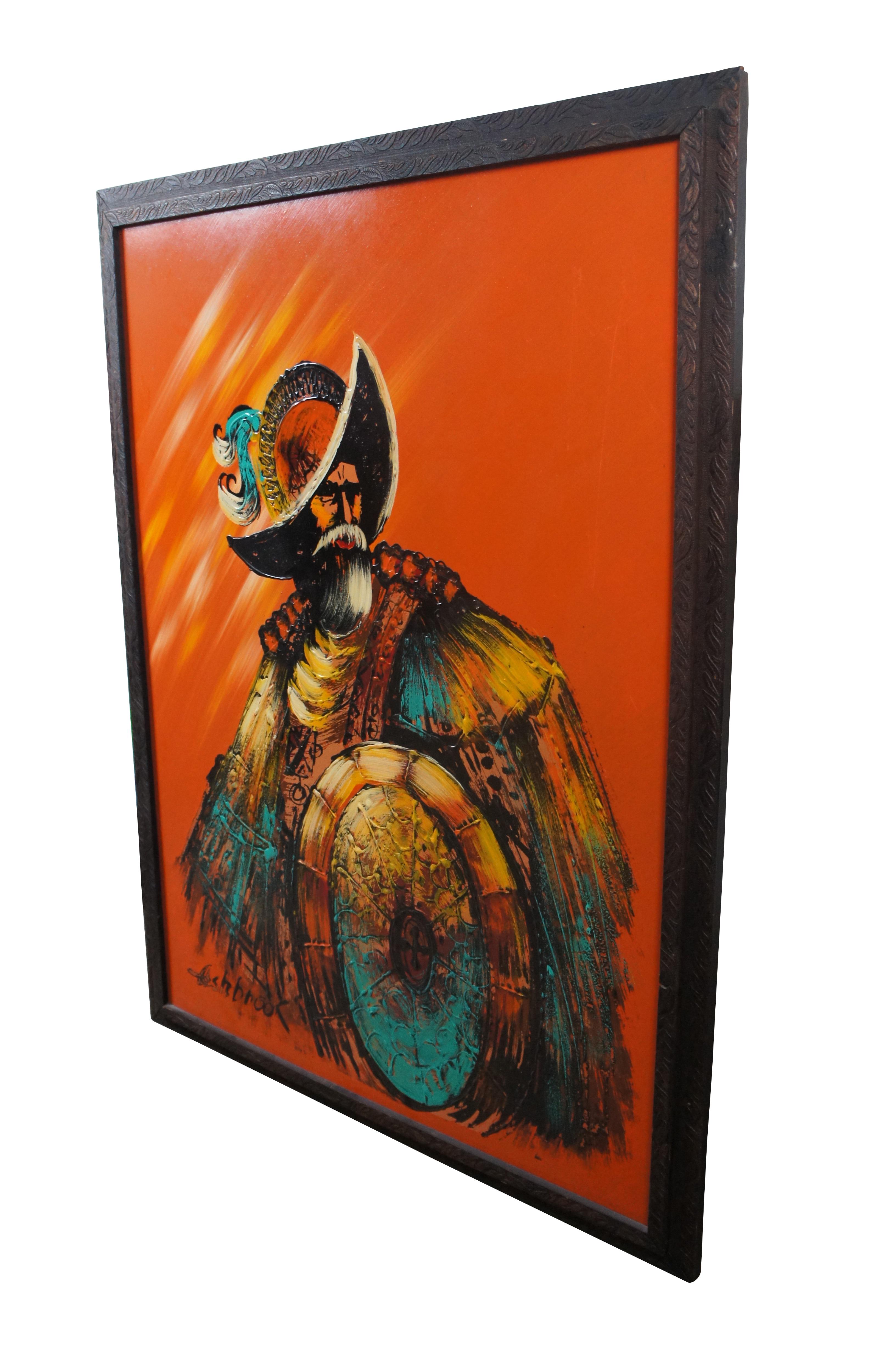Vintage Spanish conquistador Don Quixote portrait on board by Ashbrook Studios featuring a vibrant screen print embellished with oil painting.  Ashbrook Studios, was in business from 1974 to sometime in the 1980s, in Garden Grove,