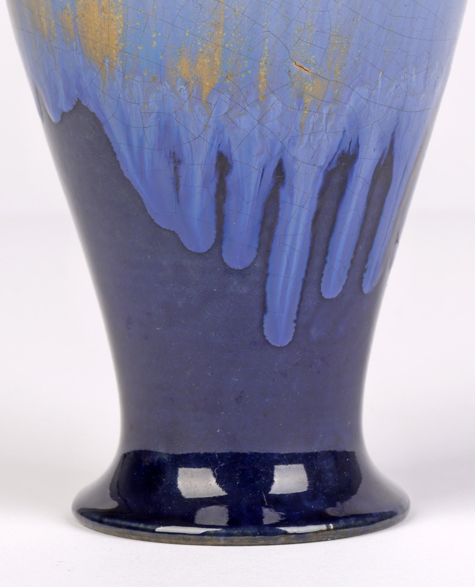 English Ashby Potters Guild Art Nouveau Mottled Blue Glazed Vase For Sale