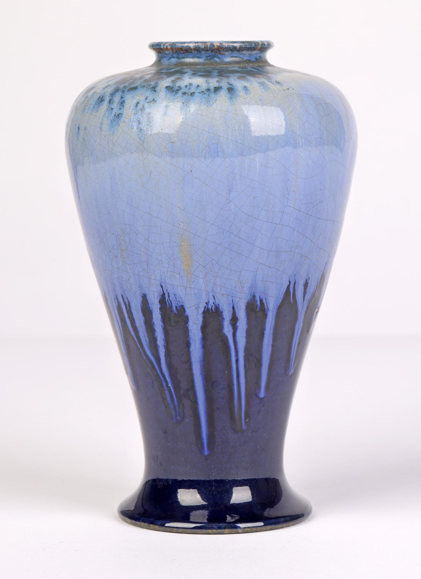 Hand-Crafted Ashby Potters Guild Art Nouveau Mottled Blue Glazed Vase For Sale