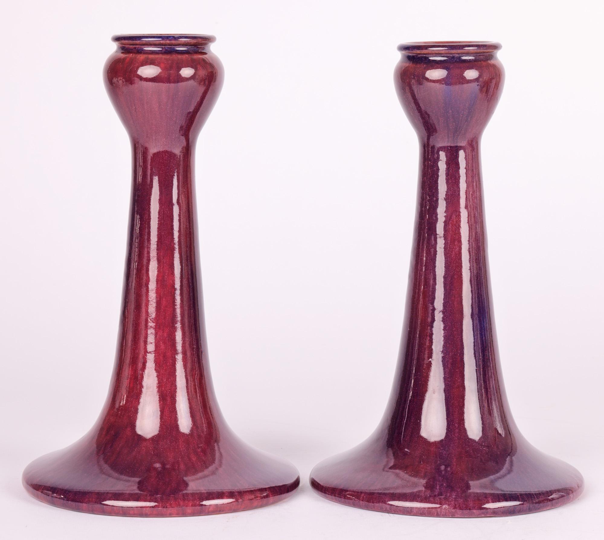 Ashby Potters Guild Pair Art Nouveau Streak Glazed Candlesticks For Sale 4