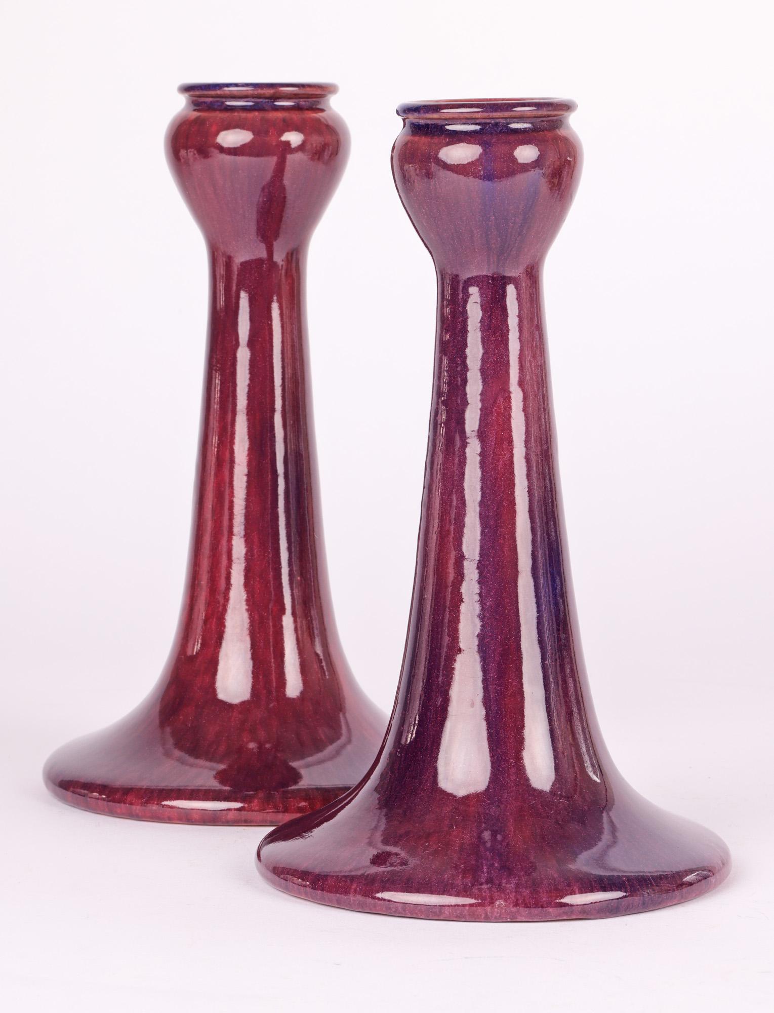 Ashby Potters Guild Pair Art Nouveau Streak Glazed Candlesticks For Sale 6