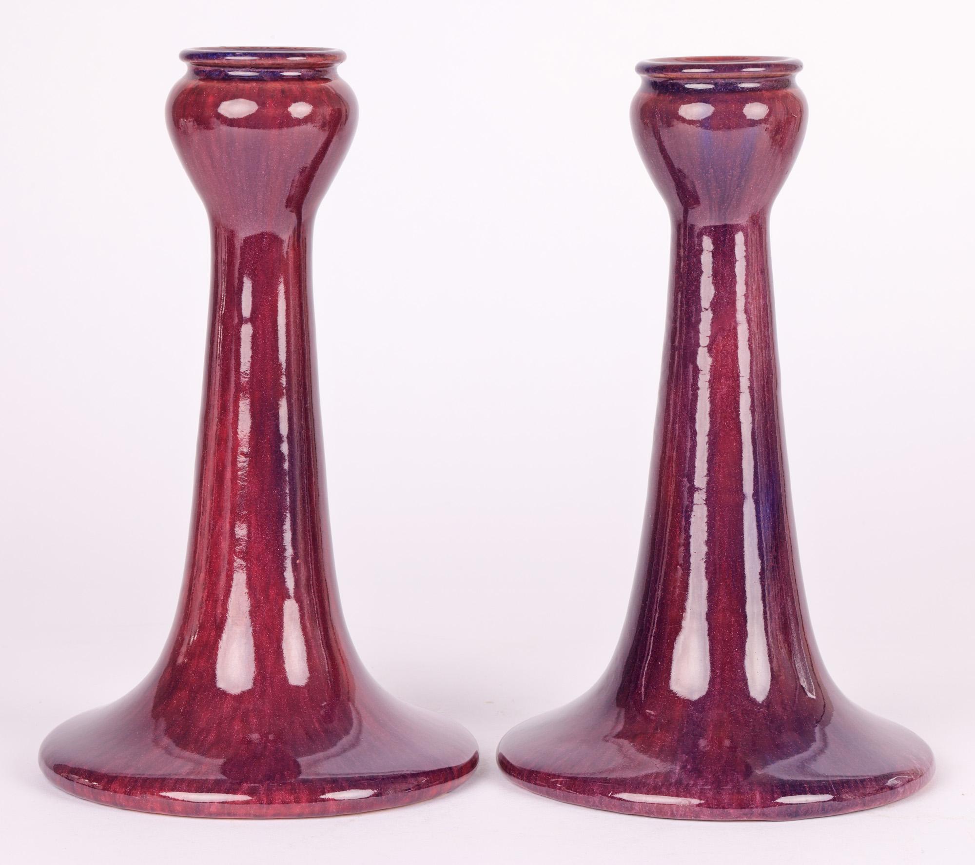 Ashby Potters Guild Paar Art Nouveau Streak glasierte Kerzenständer im Angebot 7
