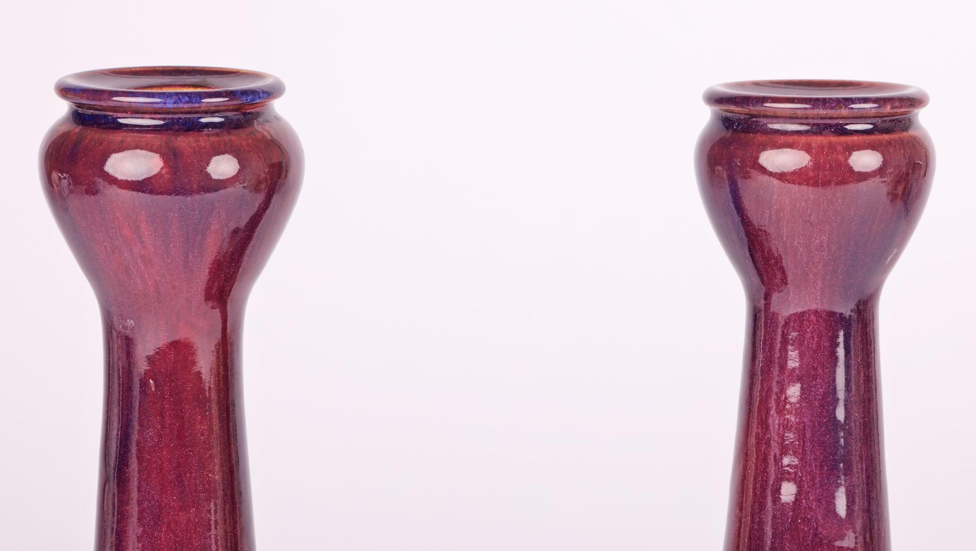 English Ashby Potters Guild Pair Art Nouveau Streak Glazed Candlesticks For Sale