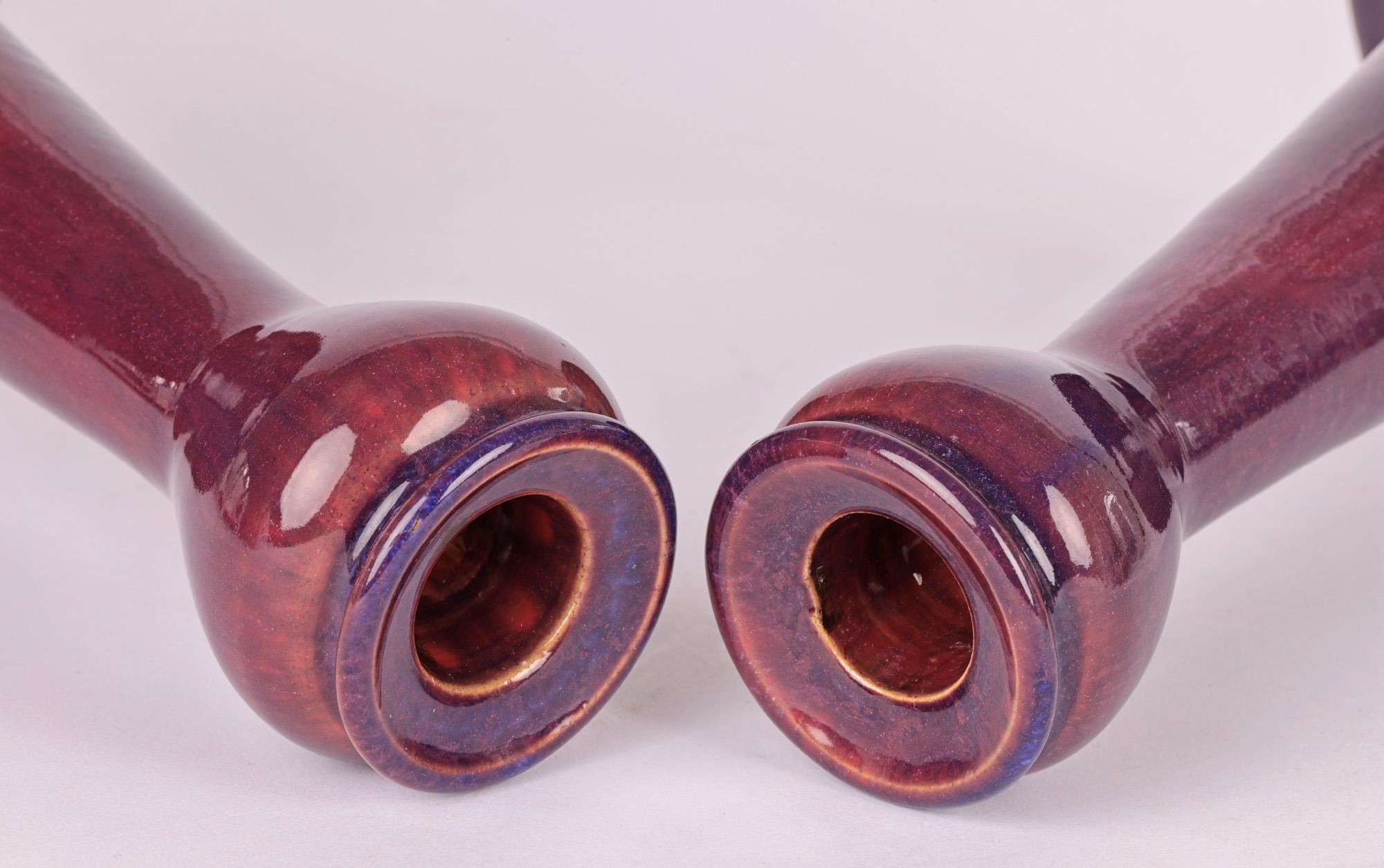 Ashby Potters Guild Pair Art Nouveau Streak Glazed Candlesticks For Sale 2