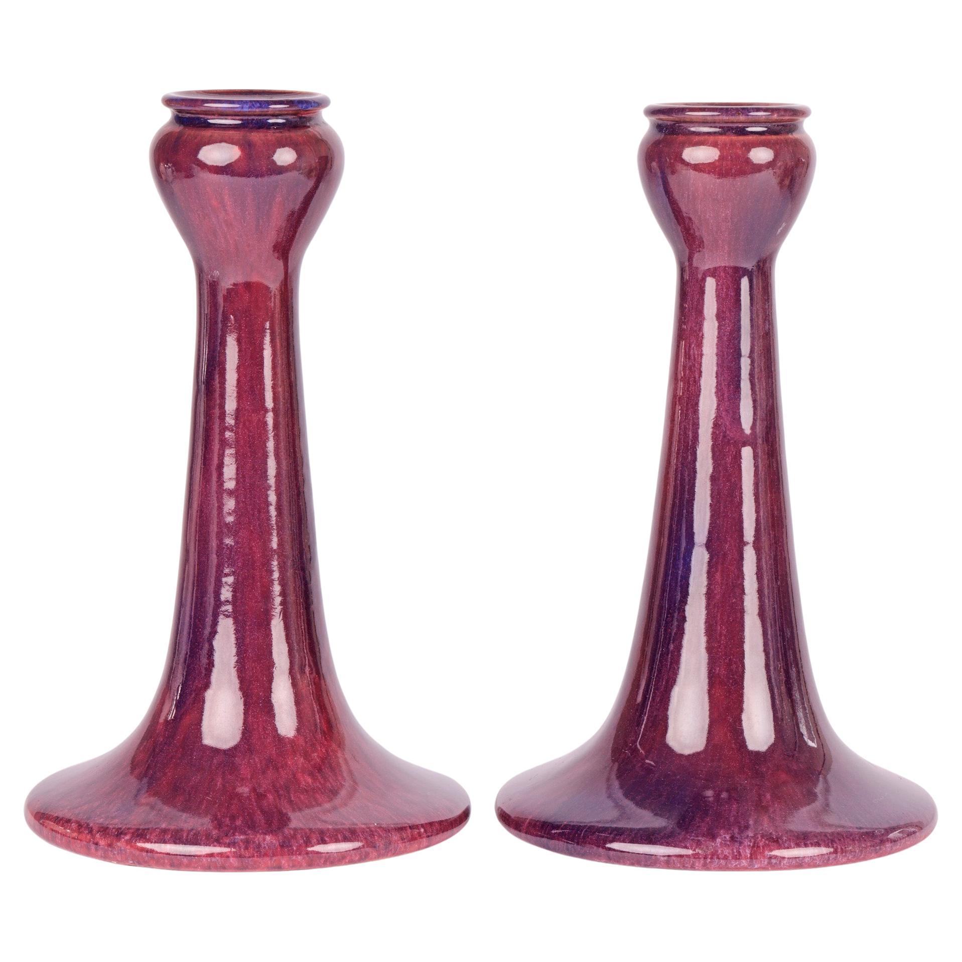 Ashby Potters Guild Pair Art Nouveau Streak Glazed Candlesticks For Sale