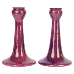 Antique Ashby Potters Guild Pair Art Nouveau Streak Glazed Candlesticks