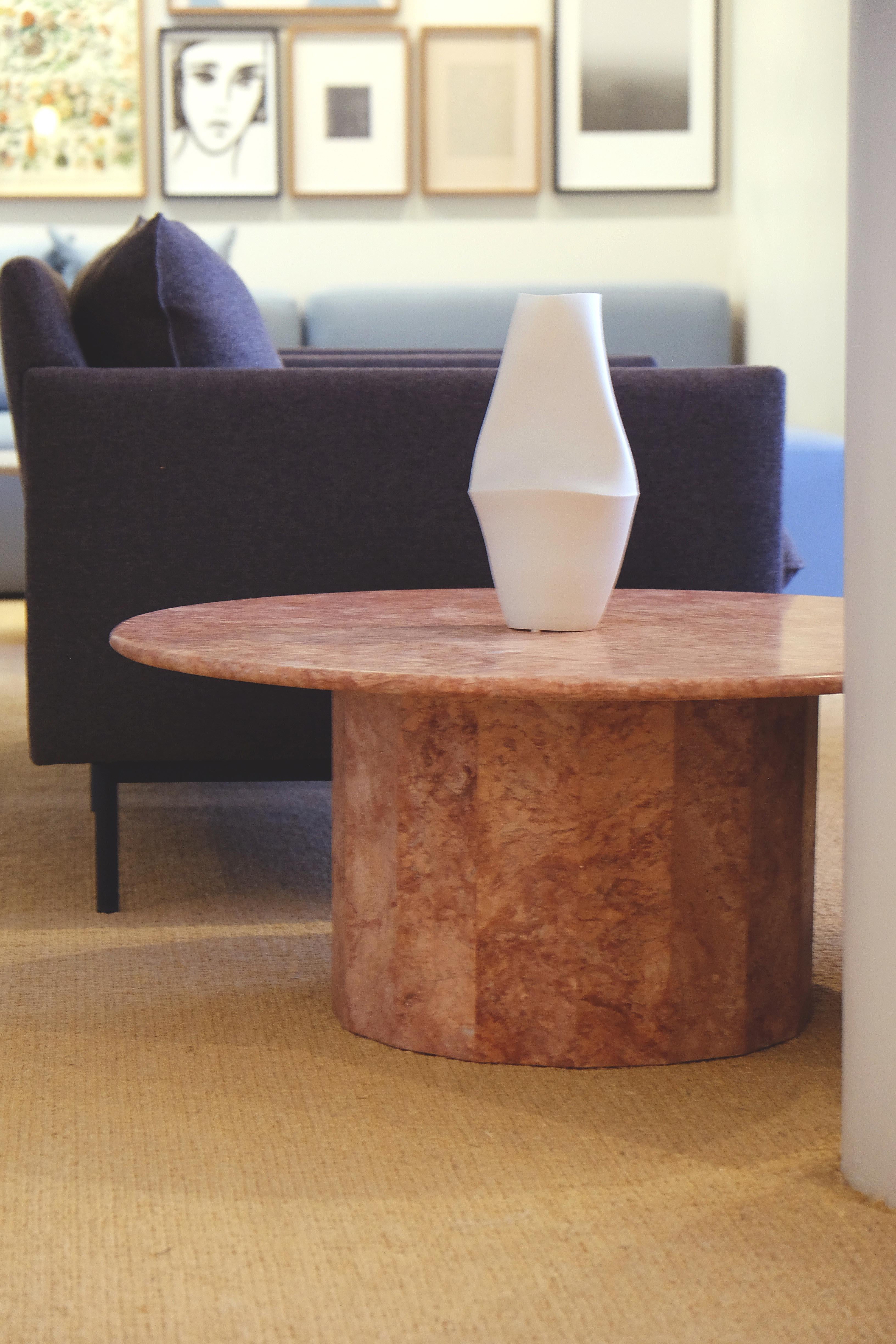Minimalist Ashby Round Coffee Table Handcrafted in Red/Pink Travertine Custom 50 Diamx17 H
