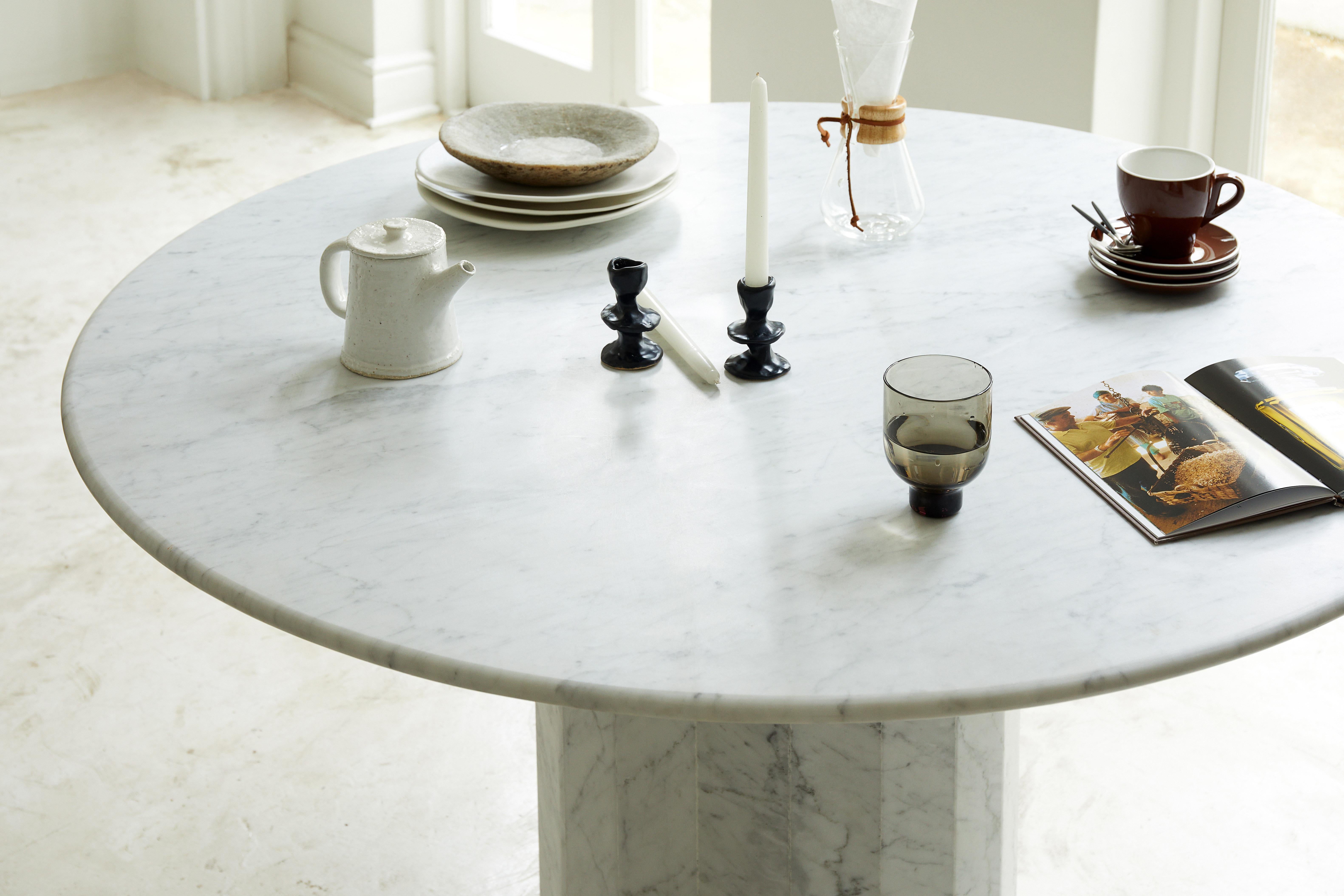 Minimalist Ashby Round Dining/Hall Table Handcrafted in Honed Bianco Carrara Marble
