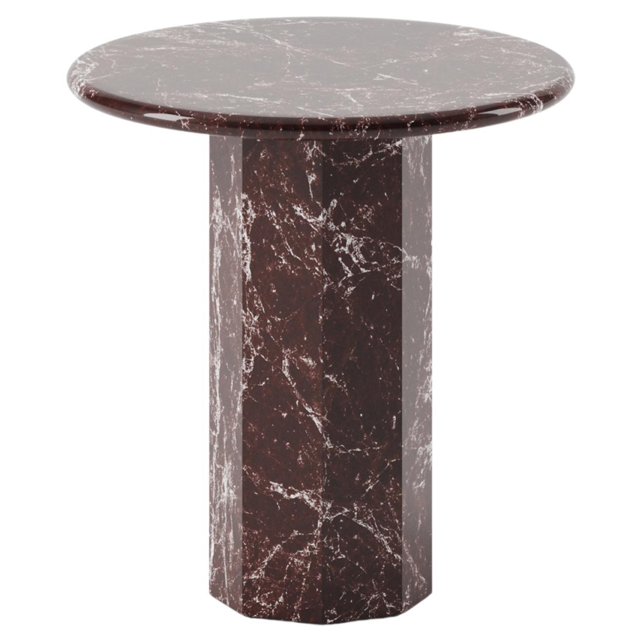 Ashby Round Side Table Handcrafted in Polished Rosso Levanto Marble For Sale